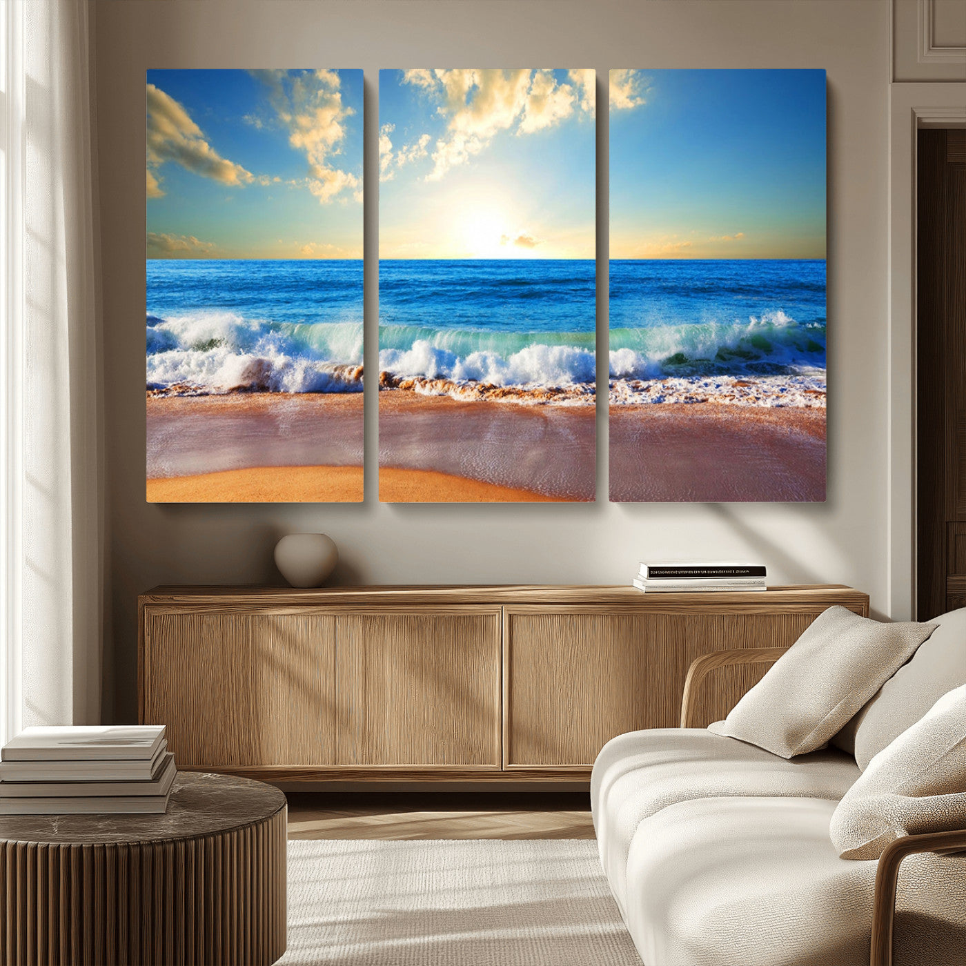 MGV-CV-48X32-3P - Tropical Beach Sunset Canvas Art, Ocean Waves and Sandy Shoreline Wall Art, Large Beach Decor for Coastal Homes