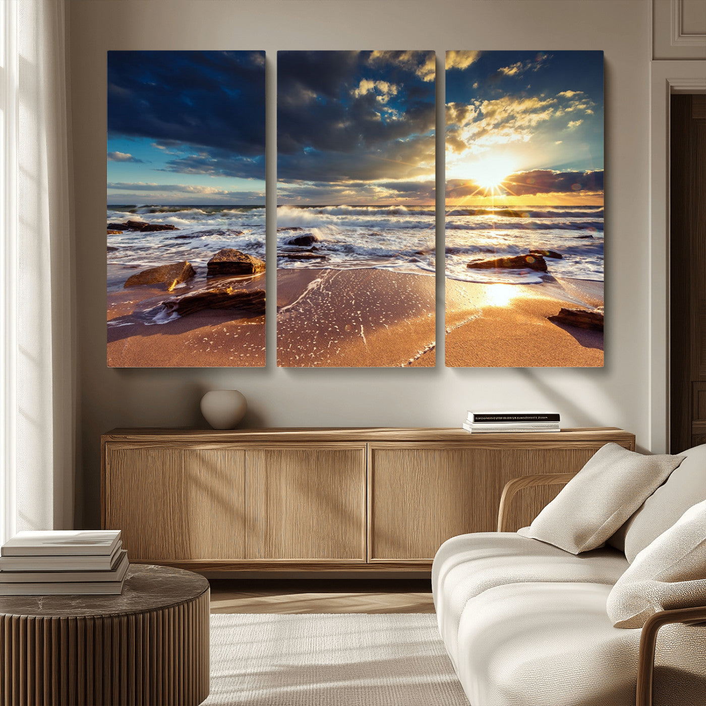 MGV-CV-48X32-3P - Golden Hour Beach Sunset Canvas Triptych, Ocean Waves and Rocks Wall Art for Coastal Home Decor