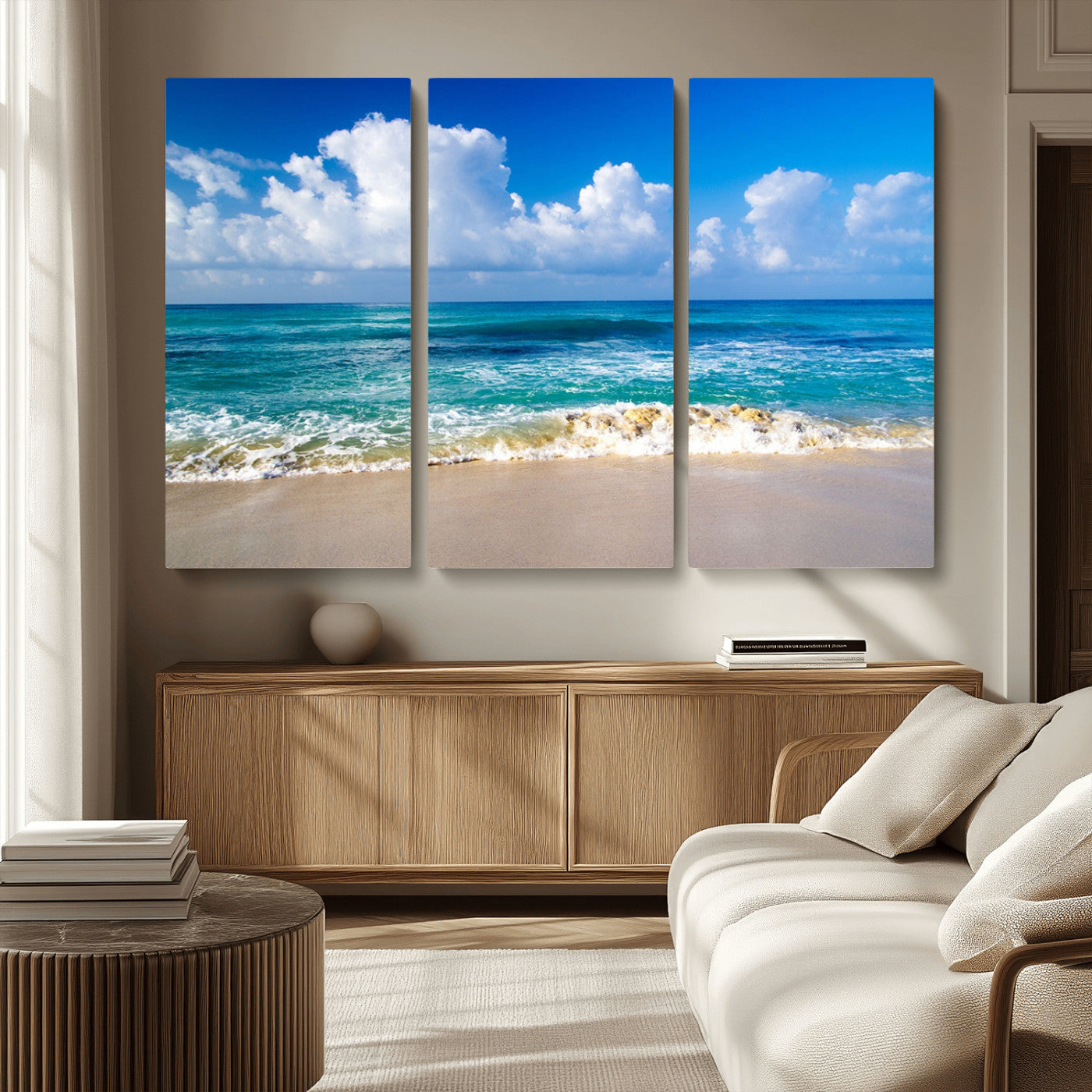 MGV-CV-48X32-3P - Tropical Beach 3-Panel Canvas Wall Art – Serene Ocean Waves and Blue Sky – Giclée Print for Living Room, Office, or Bedroom Coastal Decor