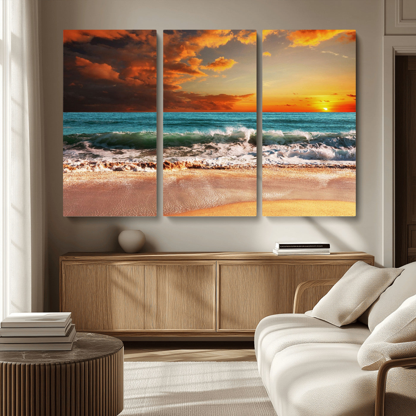 MGV-CV-48X32-3P - Golden Sunset Beach Canvas Wall Art – Triptych Seascape Print – Framed and Ready to Hang for Living Room or Office