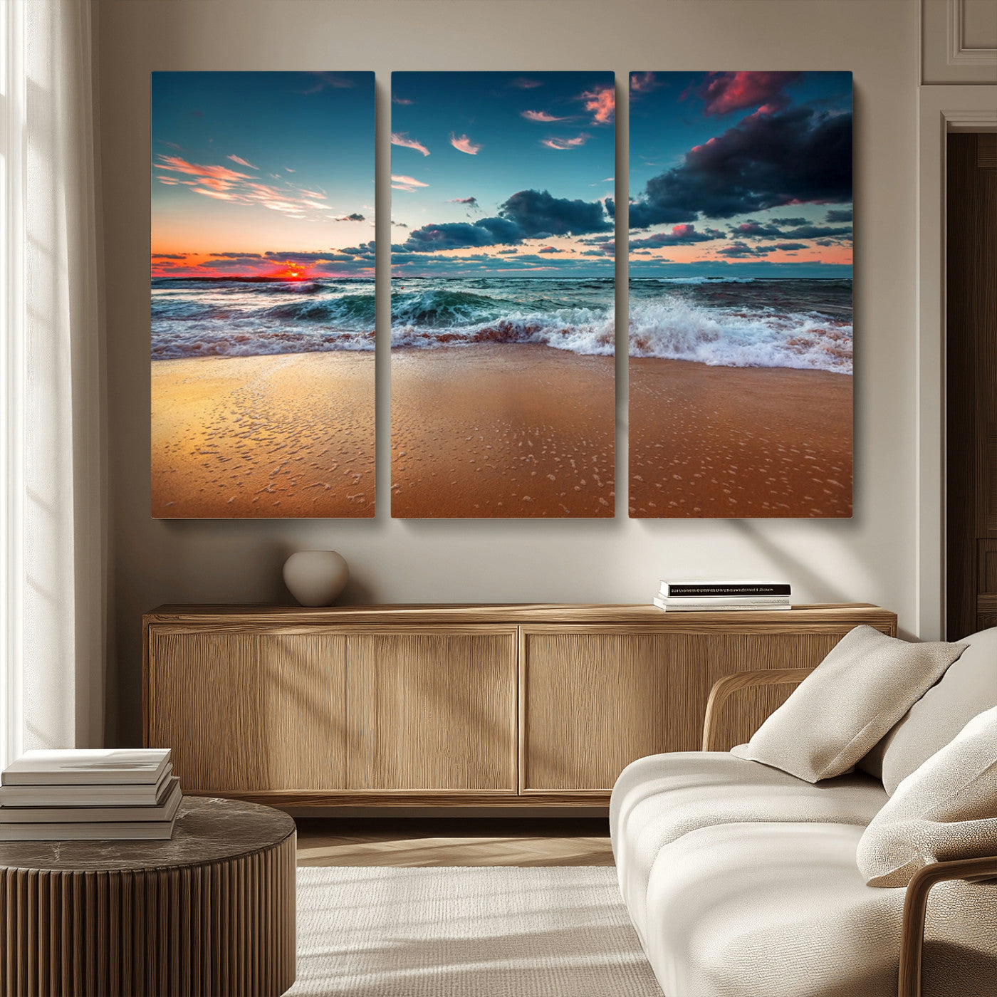 MGV-CV-48X32-3P - Sunset Ocean Beach Wall Art – Giclee Canvas Print, Coastal Seascape, Ready to Hang, Beach Decor, Large 3-Panel Set for Living Room