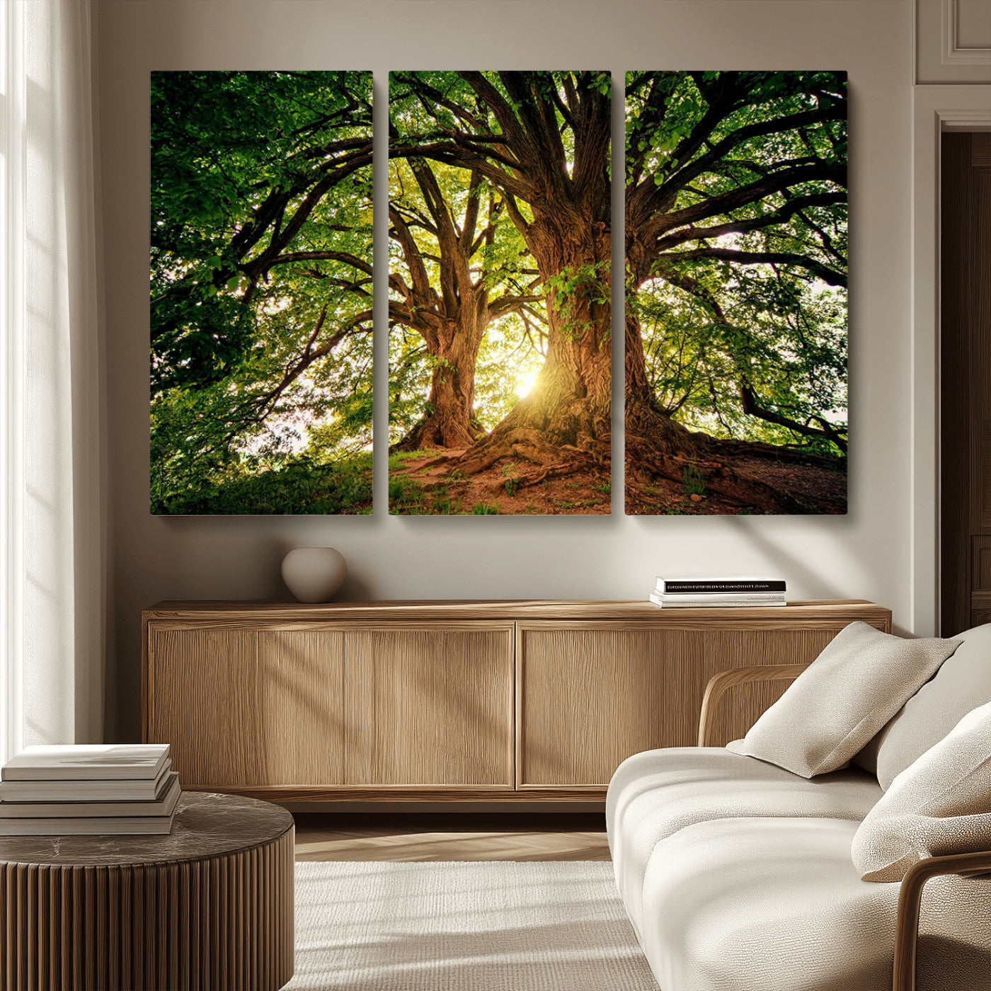 MGV-CV-48X32-3P - Majestic Ancient Tree Wall Art, Nature-Inspired Canvas Print, Woodland Art, Tree of Life Artwork, Sunlit Forest, Giclee Nature Print
