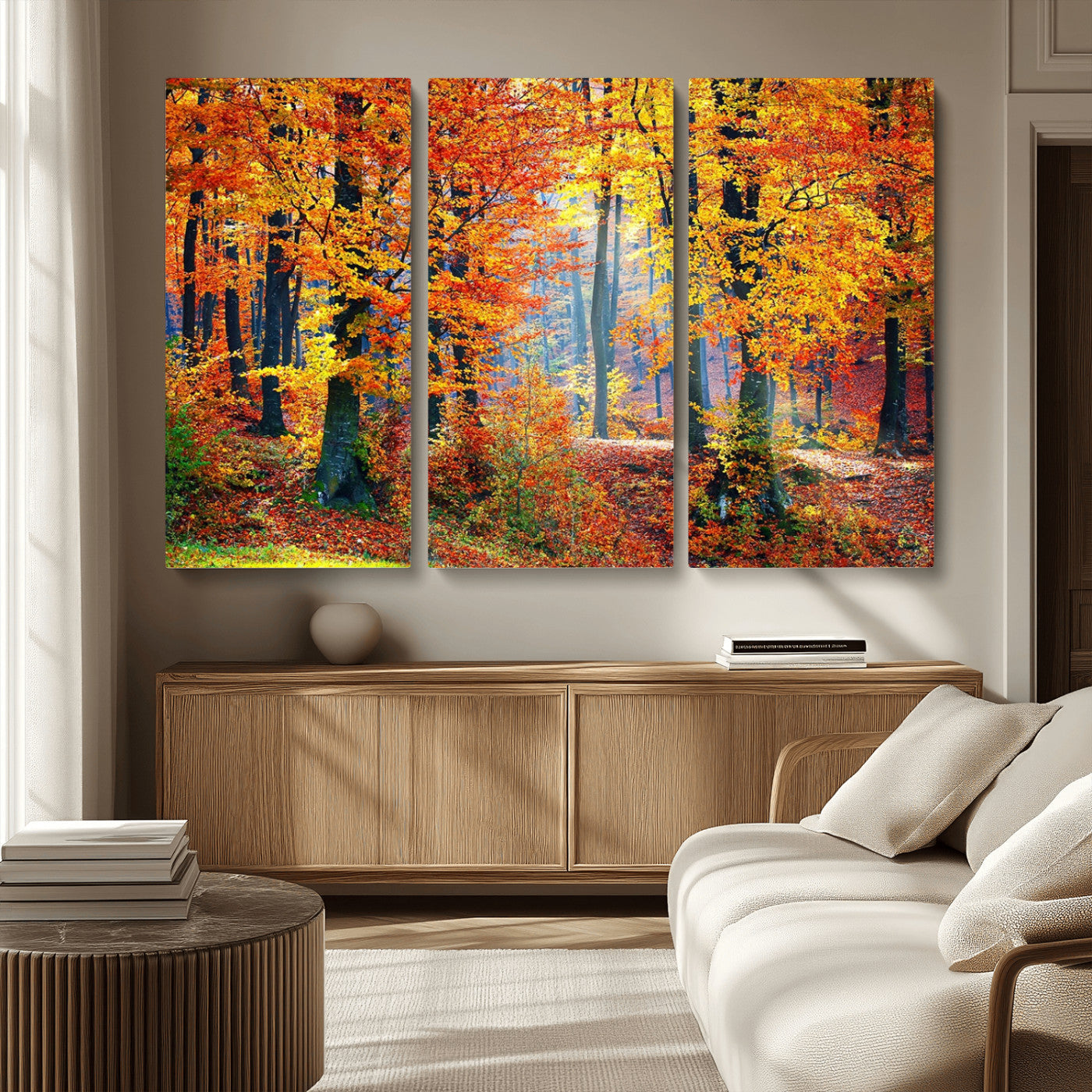 MGV-CV-48X32-3P - Autumn Red Forest Triptych Canvas Wall Art Print, Forest Wall Decor, Fall Landscape Art | Season Nature Landscape for Home or Office