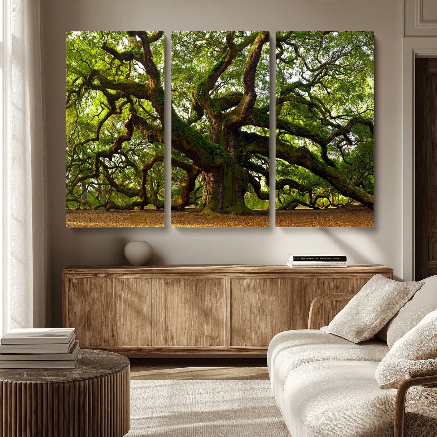 MGV-CV-48X32-3P - Angel Oak Tree Wall Art Canvas Print | Forest Tree Nature Photography Print on Canvas | Large Triptych Art for Living Room or Office Decor