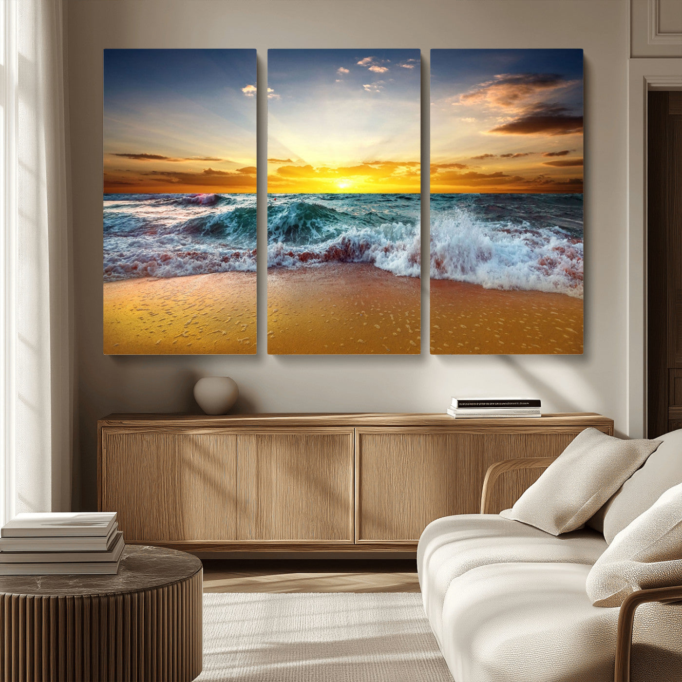 MGV-CV-48X32-3P - Golden Sunset Ocean Waves Wall Art Canvas Print – Multi Panel Beach Canvas Print Set – Large Coastal Triptych Print for Home or Farmhouse Decor