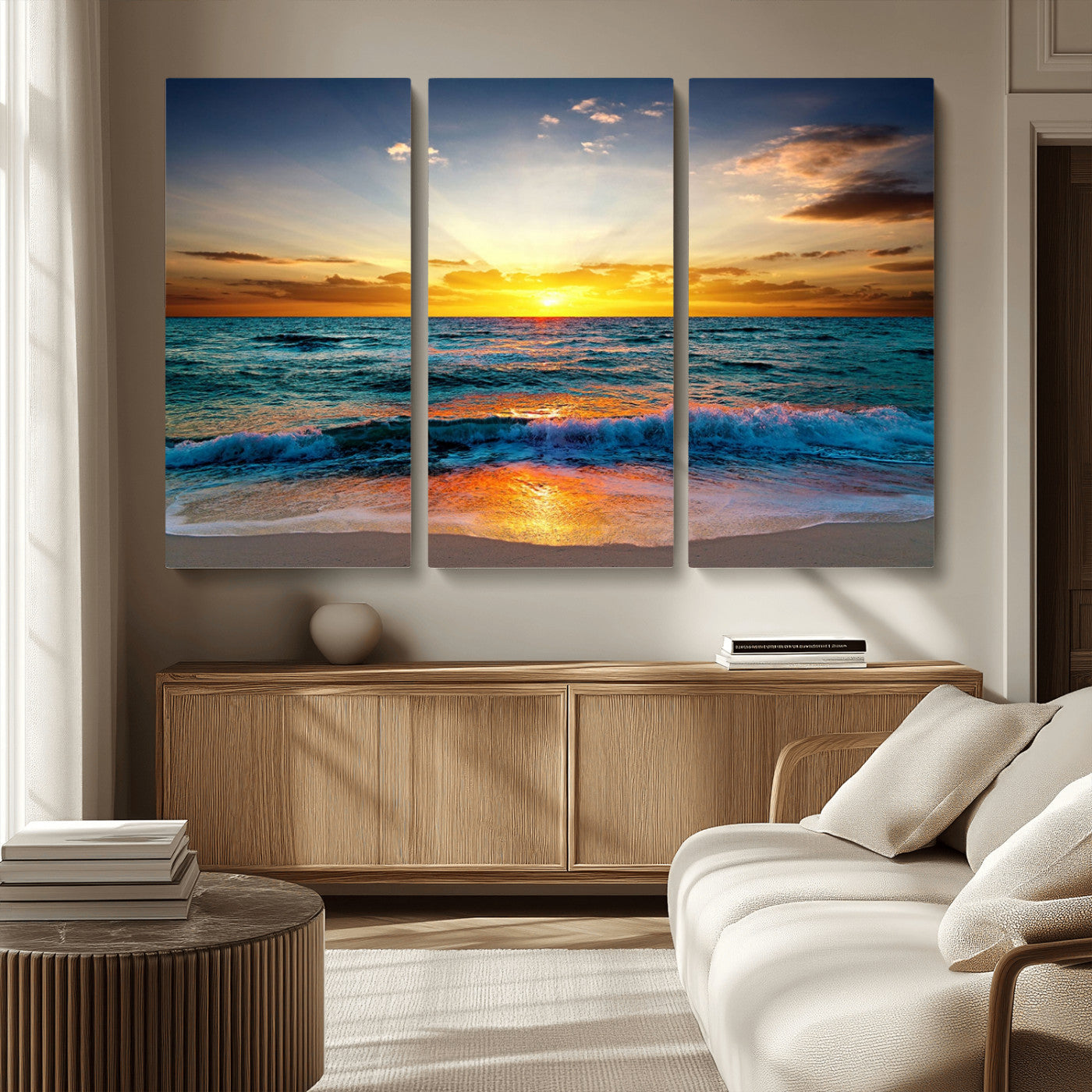 MGV-CV-48X32-3P - Vibrant Ocean Sunrise Over Golden Beach Waves, Giclee Canvas Wall Art Set, High-Quality Stretched Canvas Print, Ready to Hang Coastal Sunset Wall
