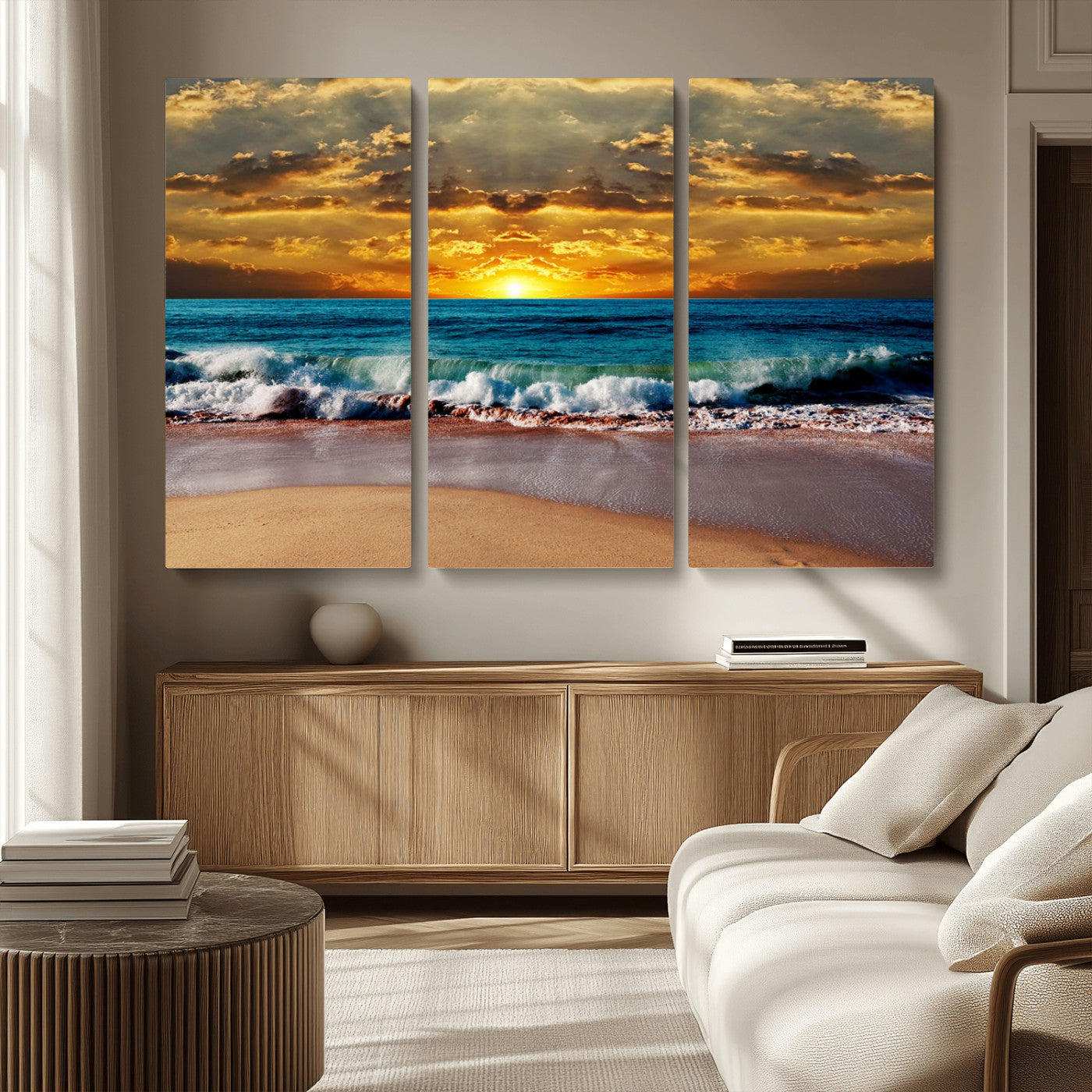 MGV-CV-48X32-3P - Ocean Sunrise Over Golden Beach Waves, Giclee Canvas Wall Art Set, High-Quality Stretched Canvas Print, Ready to Hang Coastal Sunset Wall Decor