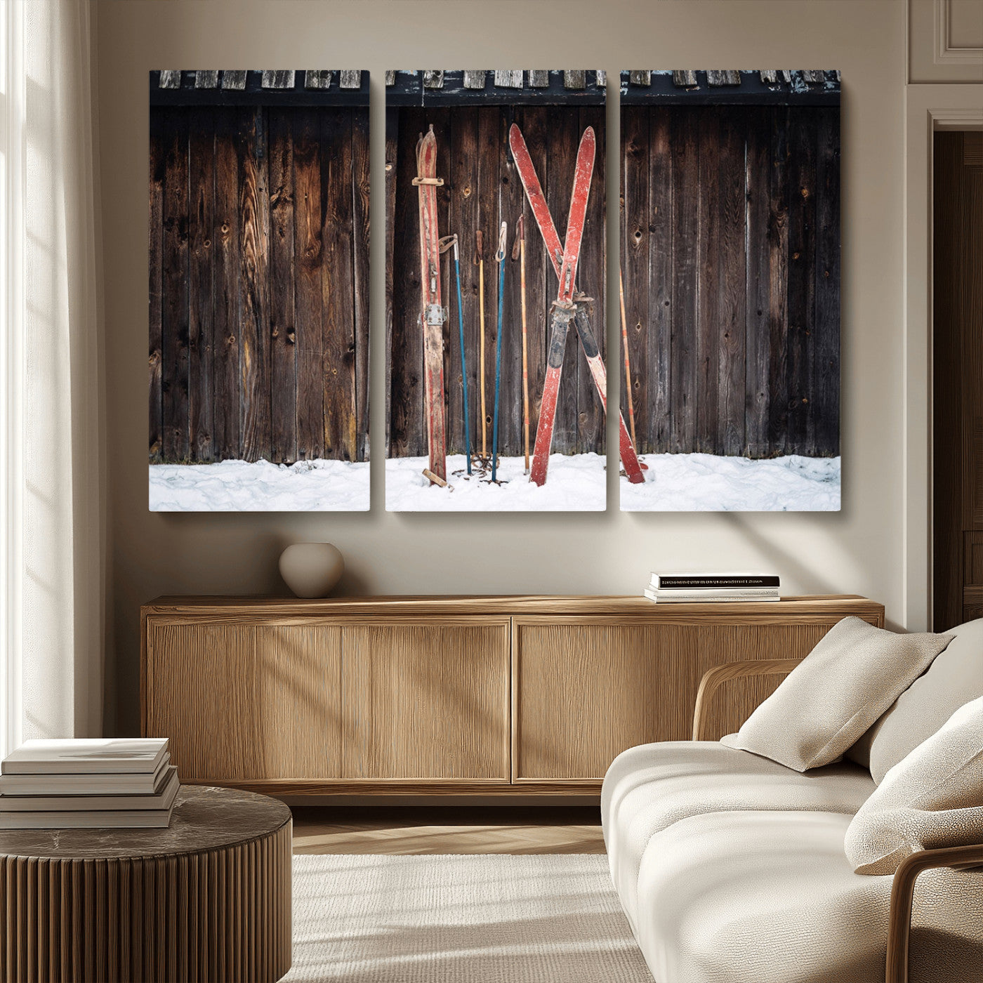 MGV-CV-48X32-3P - Vintage Ski Gear Against Wooden Cabin Wall, Rustic Winter Sports Equipment Canvas Print, Ready to Hang Wall Art, Perfect for Lodge or Ski Cabin Decor