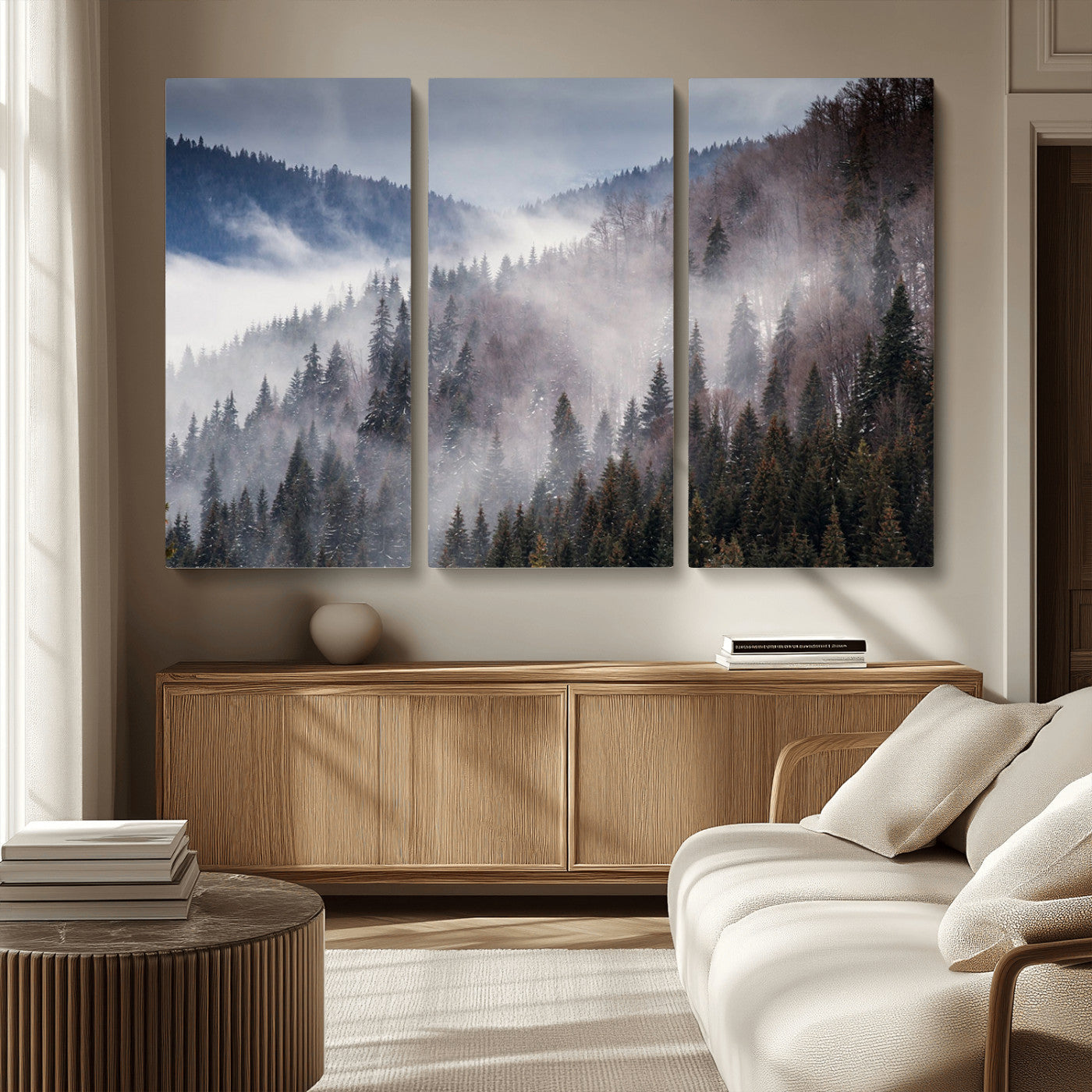 MGV-CV-48X32-3P - Beautiful Rising Fog in Winter Mountain Landscape - Framed Rising Fog in Winter Mountain Canvas