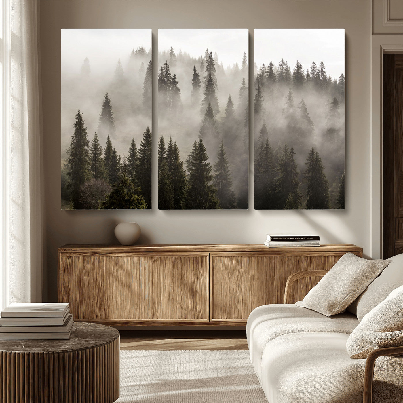 MGV-CV-48X32-3P - Foggy Mountain Wall Art | 3-Panel Foggy Forest and Mountain Landscape | Large Giclee Print for