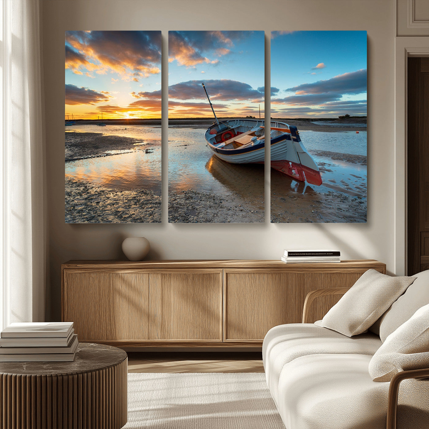 MGV-CV-48X32-3P - Small Boat At The Beach Sunset Wall Art, Boat Sunset Wall Art Canvas Print