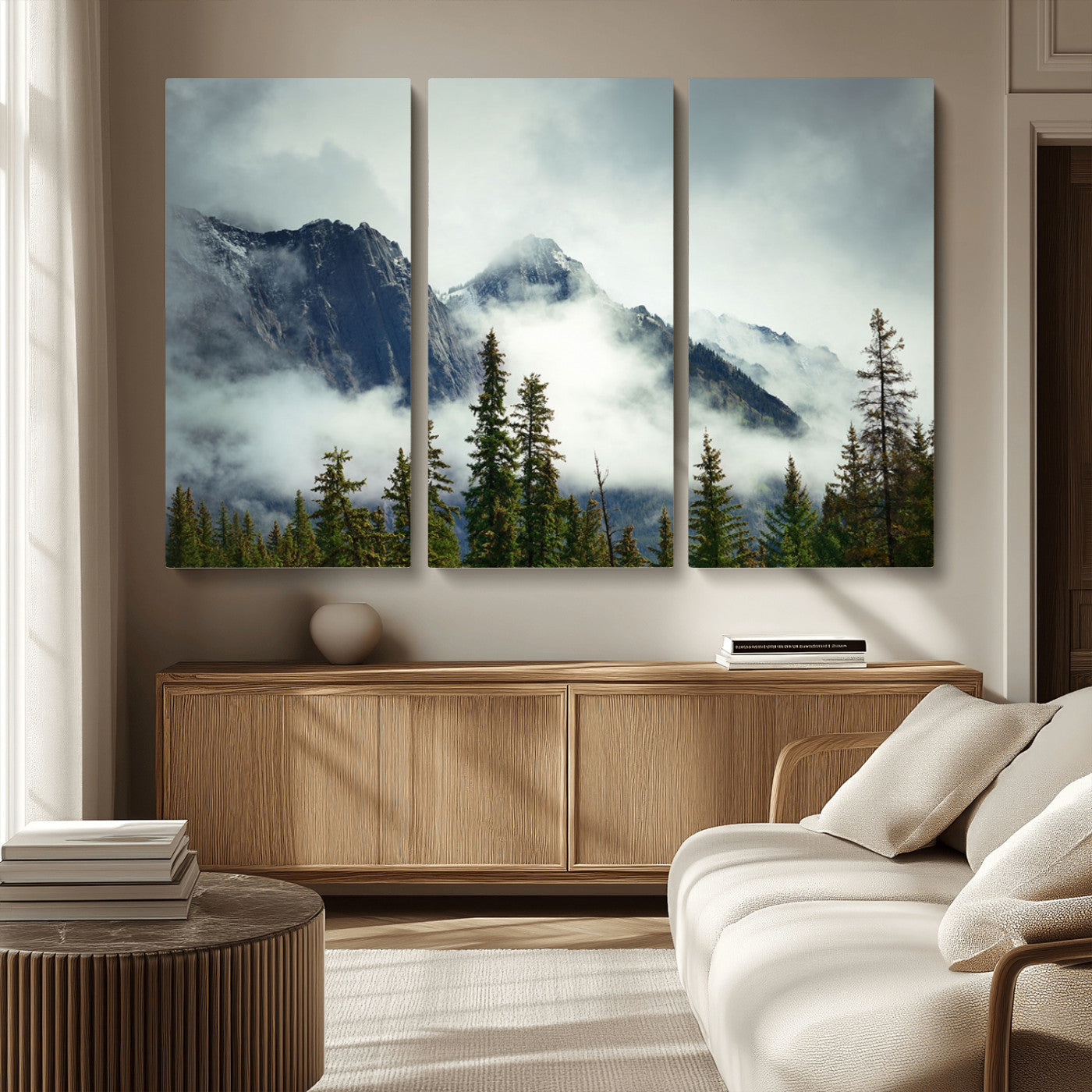 MGV-CV-48X32-3P - Mountain Mist Canvas Wall Art | 3-Panel Foggy Forest and Mountain Landscape | Large Giclee Print for Living Room, Office, or Cabin, Farmhouse Decor