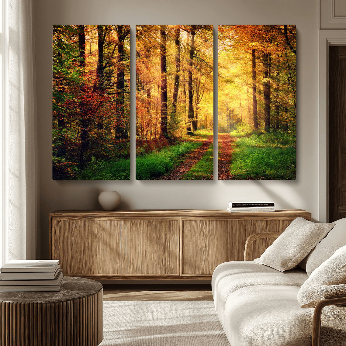 MGV-CV-48X32-3P - Forest Fall Wall Art Print - Sunlight Through Trees Wall Art Canvas Print