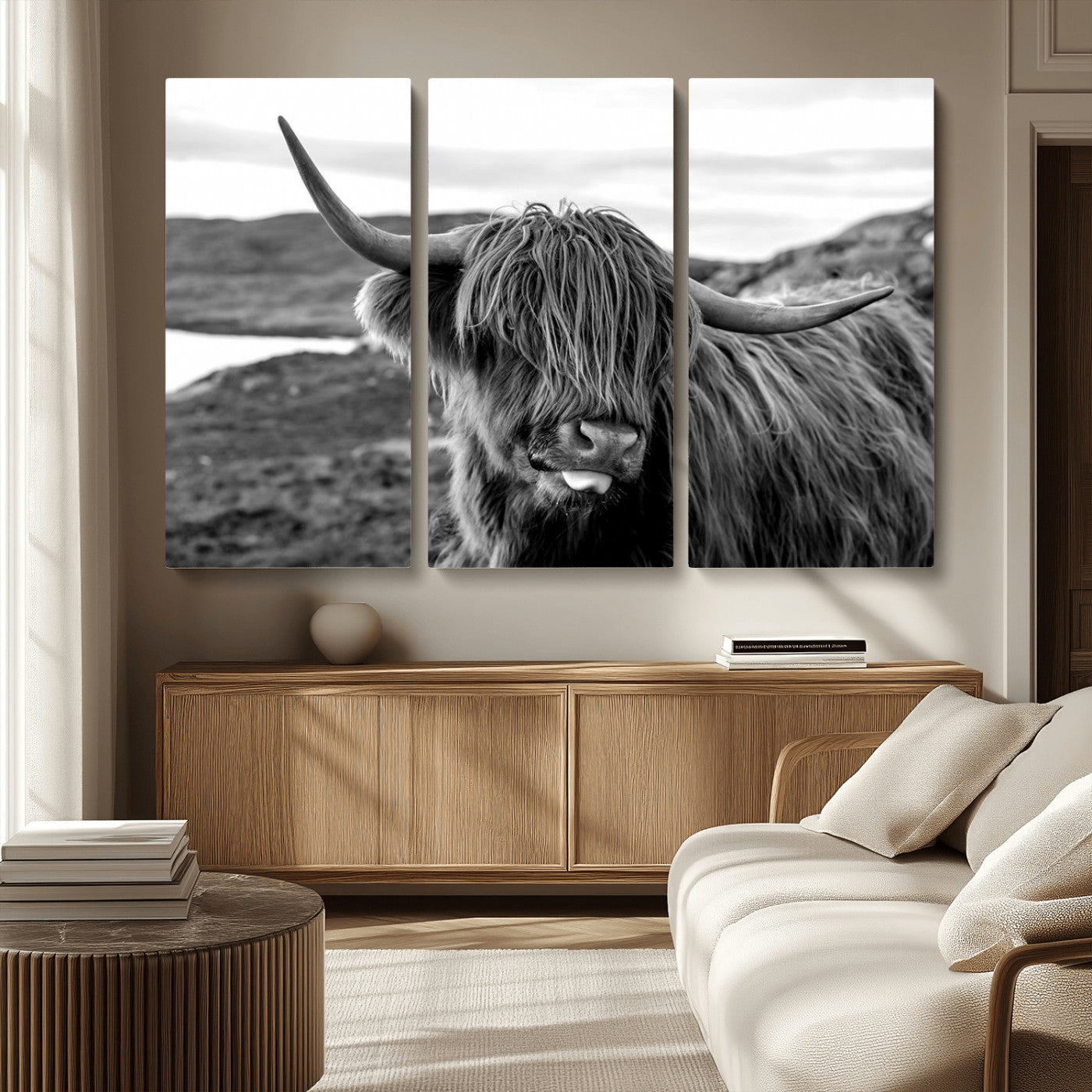 MGV-CV-48X32-3P - Highland Cow Canvas Wall Art – Black and White Animal Portrait – Framed and Ready to Hang Rustic Farmhouse Decor for Living Room or Office