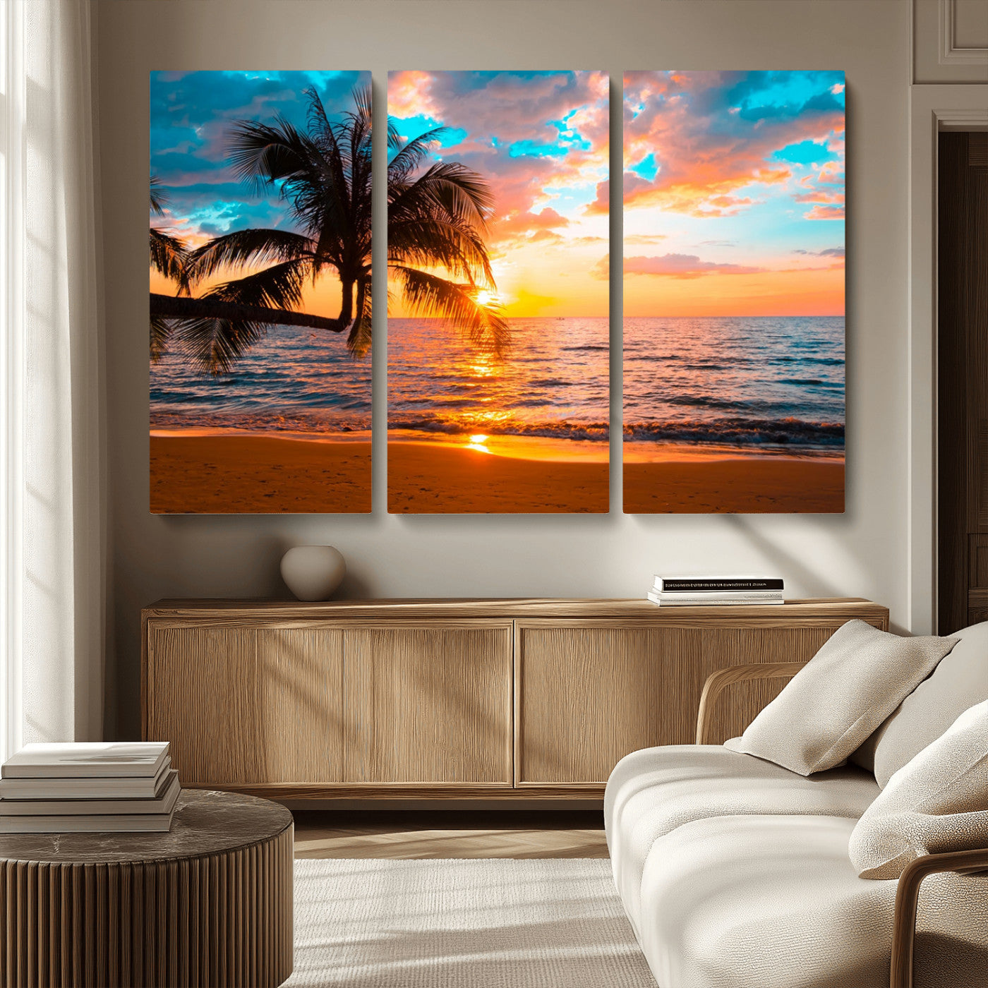 -Palm Tree Sunset On The Beach Wall Art Canvas, Framed Palm Tree Sunset Canvas Print