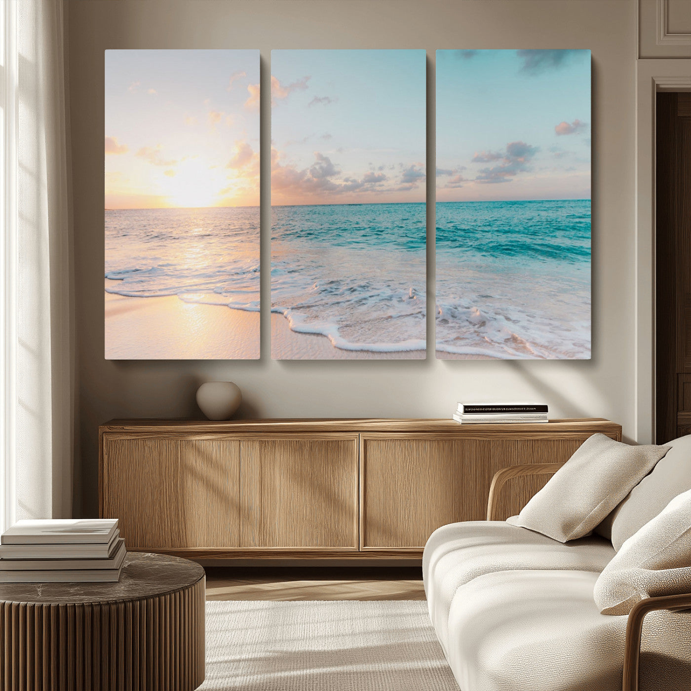 MGV-CV-48X32-3P - Tranquil Ocean Beach Sunset Canvas Wall Art | 3-Panel Coastal Decor