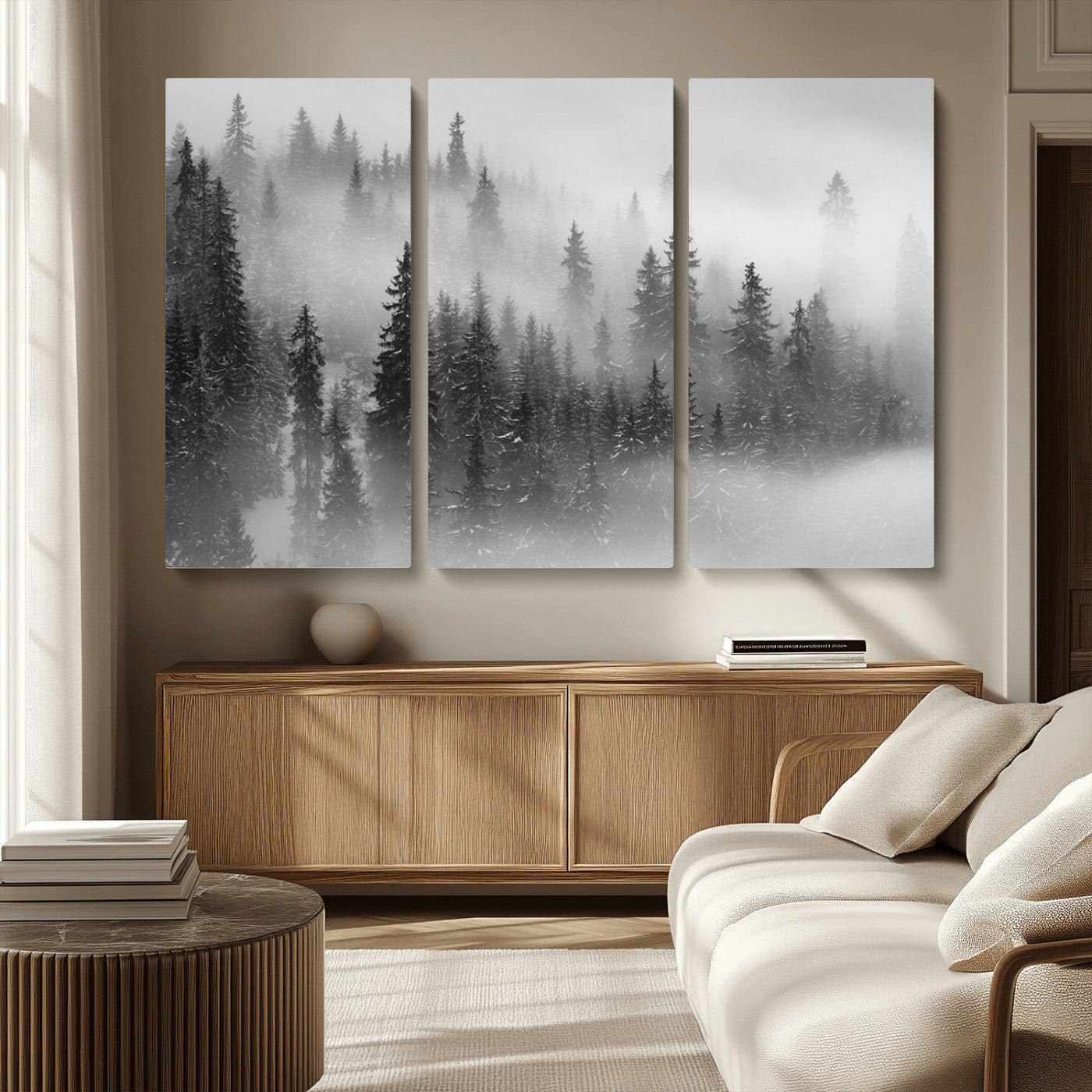 MGV-CV-48X32-3P - Black and White Forest Wall Art Print – Misty Pine Tree Canvas Print – Winter Woodland Nature Artwork – Perfect for Minimalist Home Decor