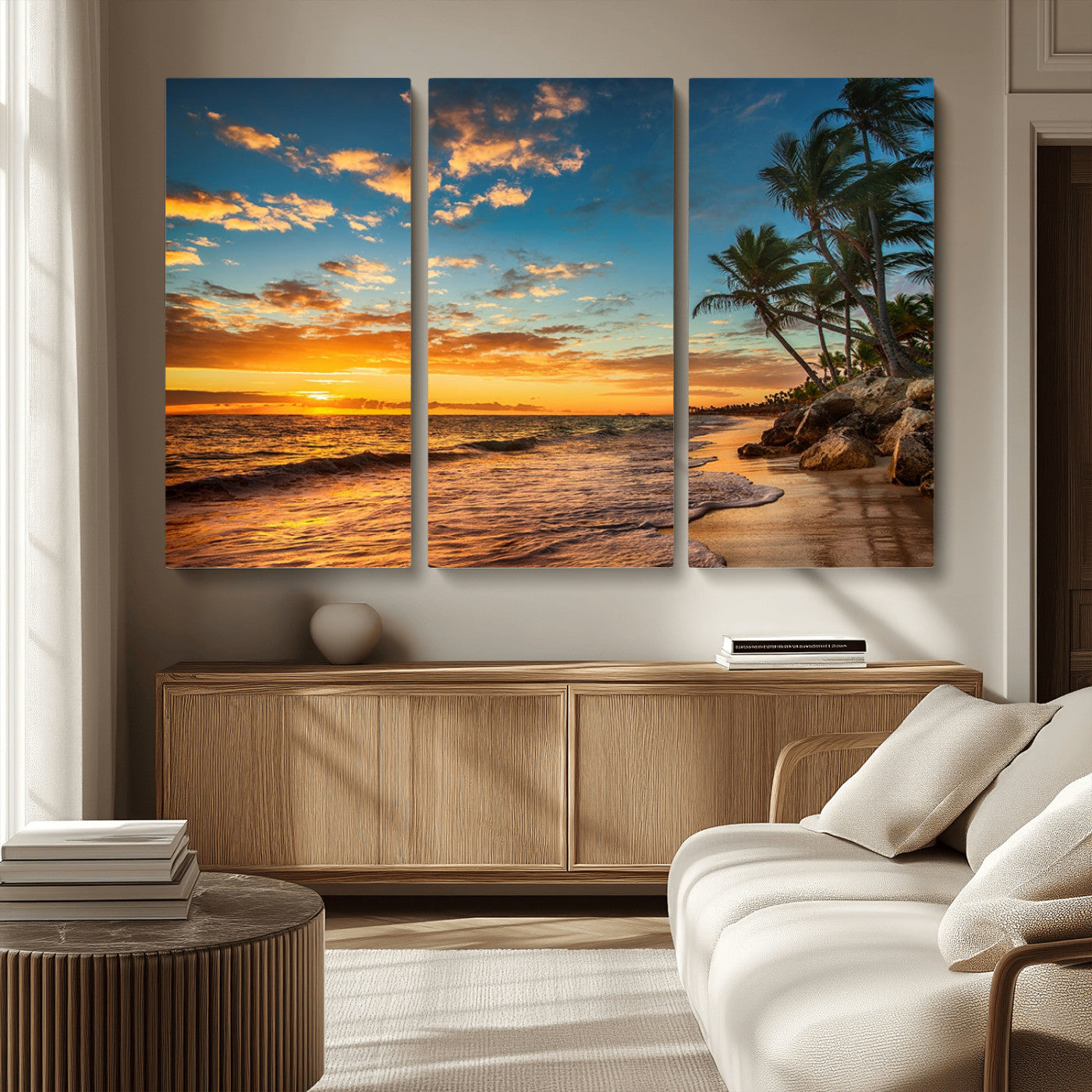 MGV-CV-48X32-3P - Tropical Beach Sunset Wall Art Print – Palm Tree Coastal Canvas Print – Ocean Seascape Artwork – Perfect for Tropical Modern Home Decor