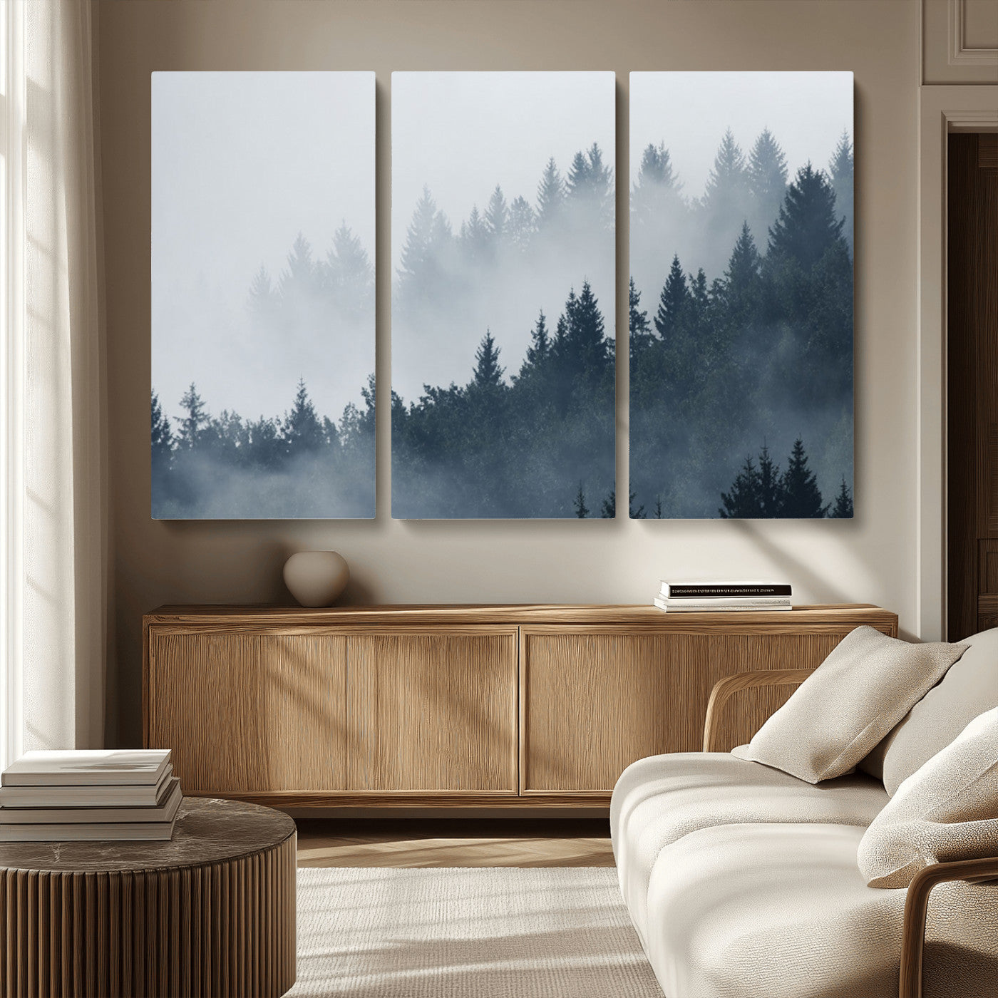 MGV-CV-48X32-3P - Misty Forest Wall Art Print – Foggy Pine Tree Canvas Print – Dark Woodland Nature Artwork – Perfect for Minimalist and Modern Home Decor