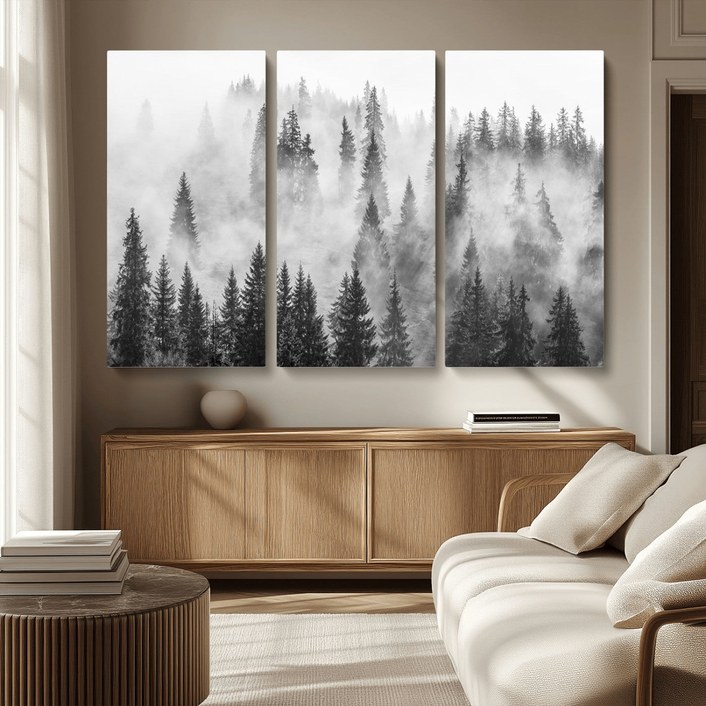 MGV-CV-48X32-3P - Forest Wall Art Print | Foggy Pine Forest Canvas Wall Art - Black and White Nature Decor for Living