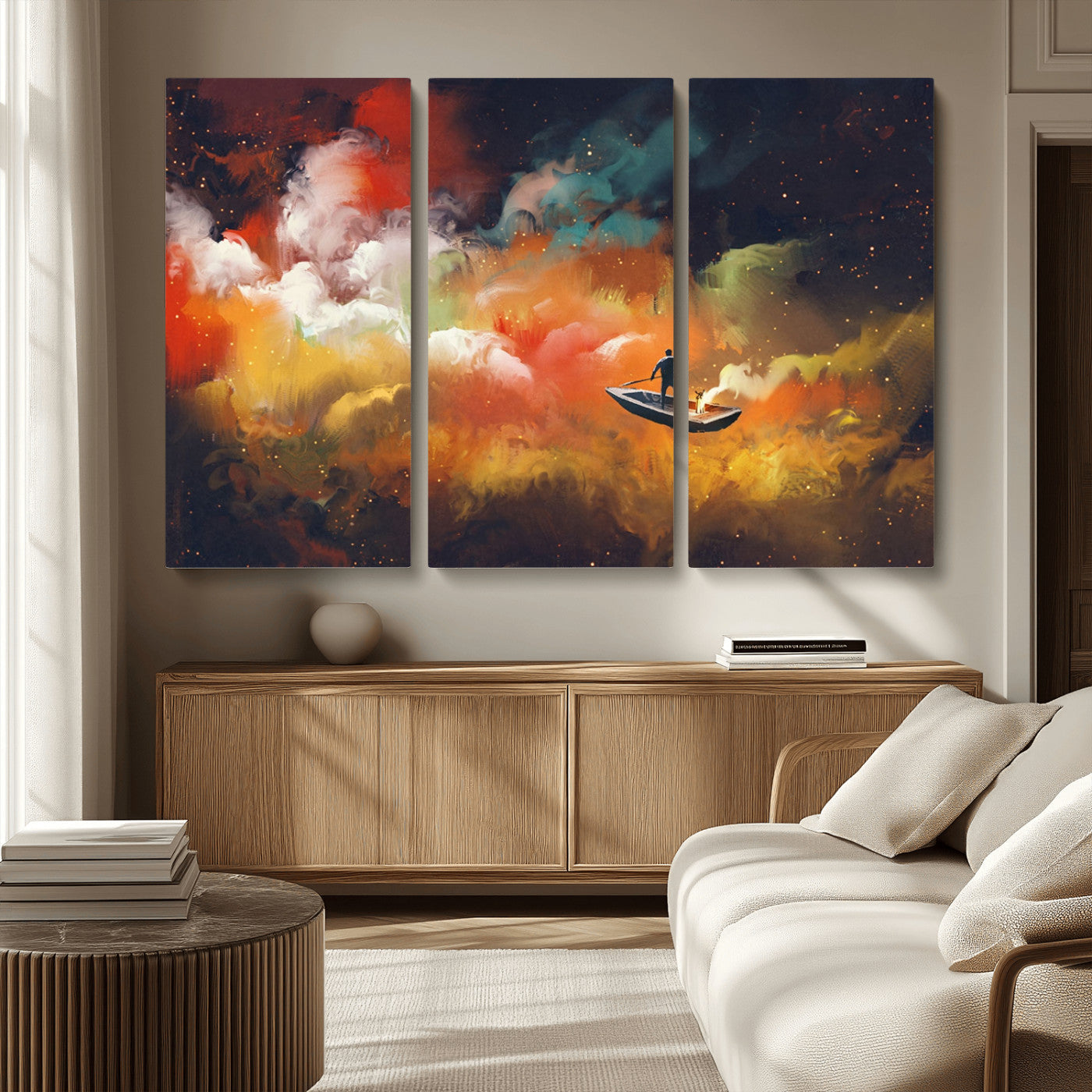 MGV-CV-48X32-3P - Surreal Space Adventure Canvas Wall Art – Dreamlike Abstract Galaxy Print – Framed and Ready to Hang for Living Room or Bedroom Decor