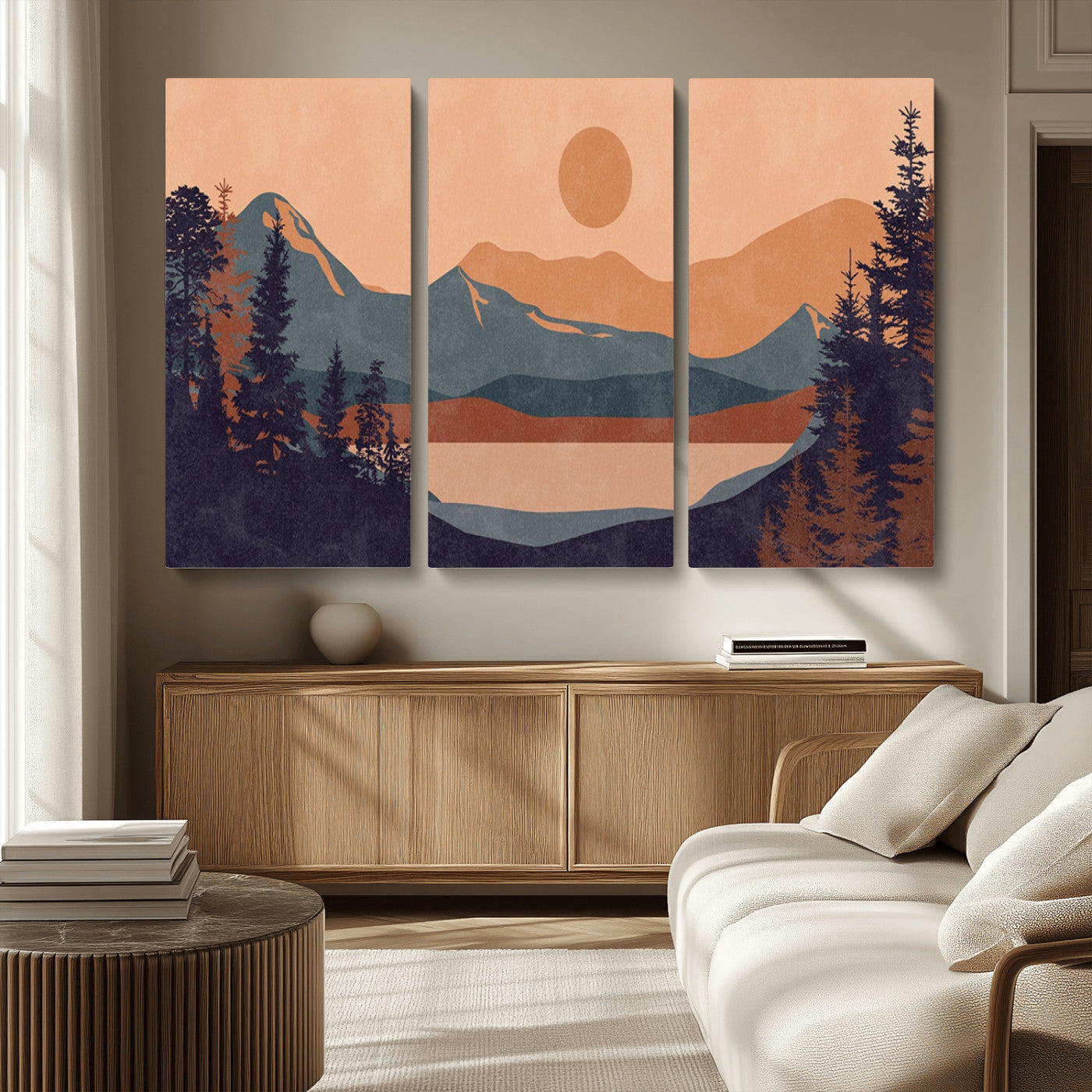MGV-CV-48X32-3P - Modern Boho Sunset Canvas Print, Mountain Landscape Triptych – Giclée Canvas Art Print for Living