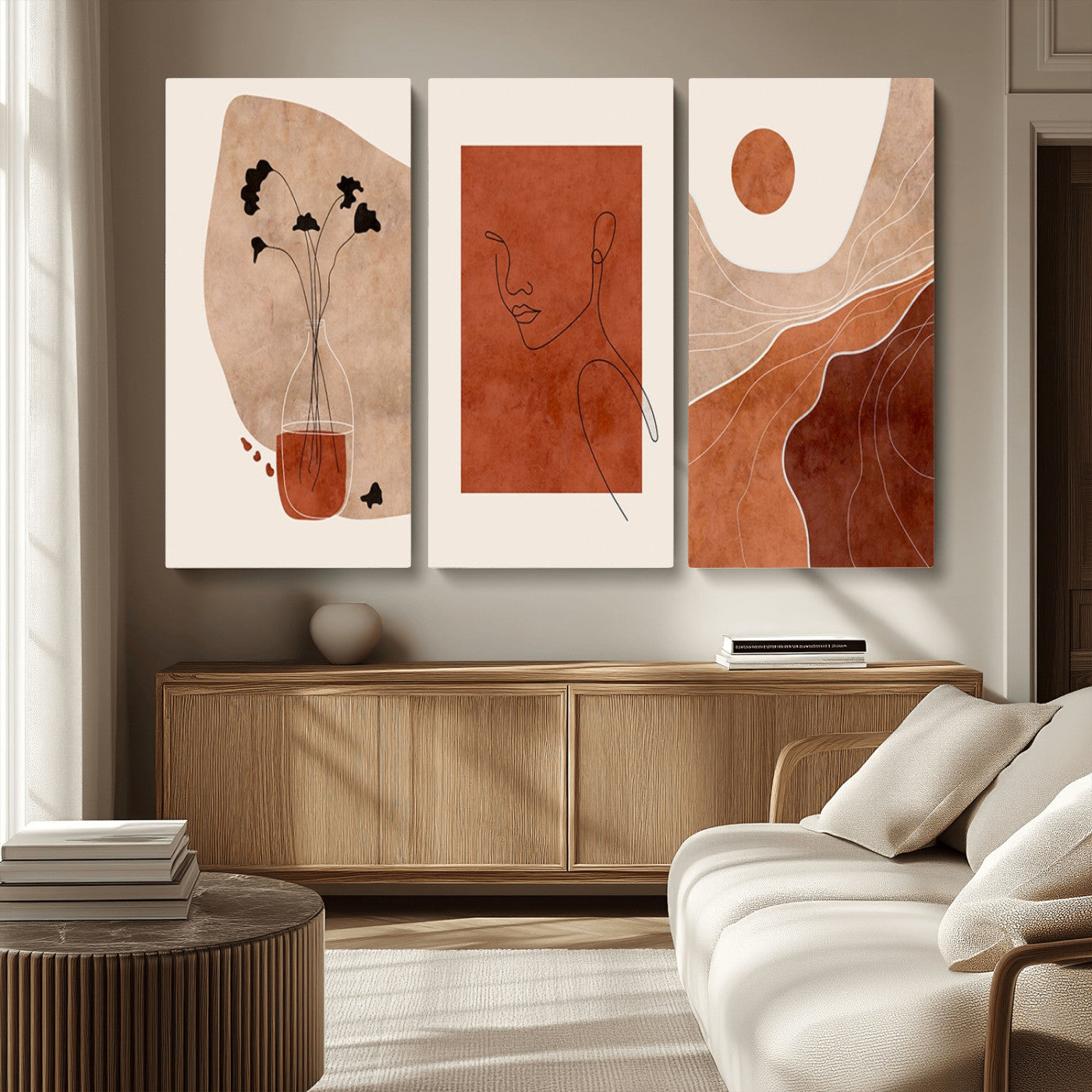 MGV-CV-48X32-3P - Boho Sunset Mountain Canvas Print, Modern Boho Sunset Mountain Landscape Triptych – Giclée Canvas