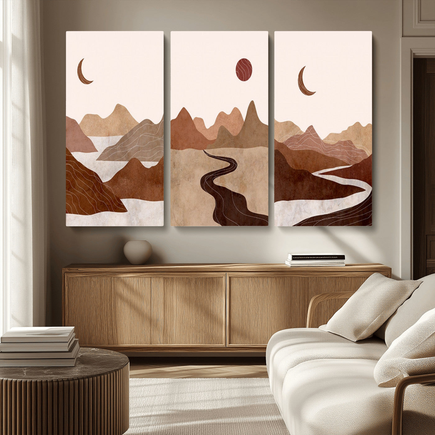 MGV-CV-48X32-3P - Boho Wall Art Canvas Print Set Mid-Century Prints Bohemian Wall Artwork Prints Boho Neutral