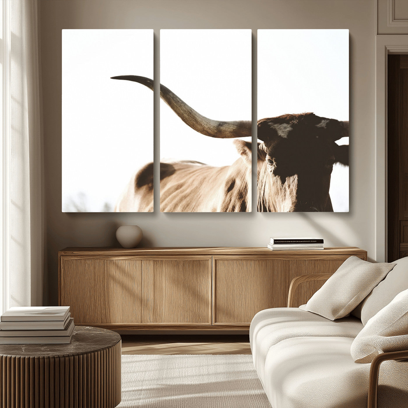 MGV-CV-48X32-3P - Texas Longhorn Wall Art Canvas Print | 3-Panel Large Longhorn Canvas Print for Living Room, Framed Gallery Wrap Office, Rustic Western Cowboy Decor