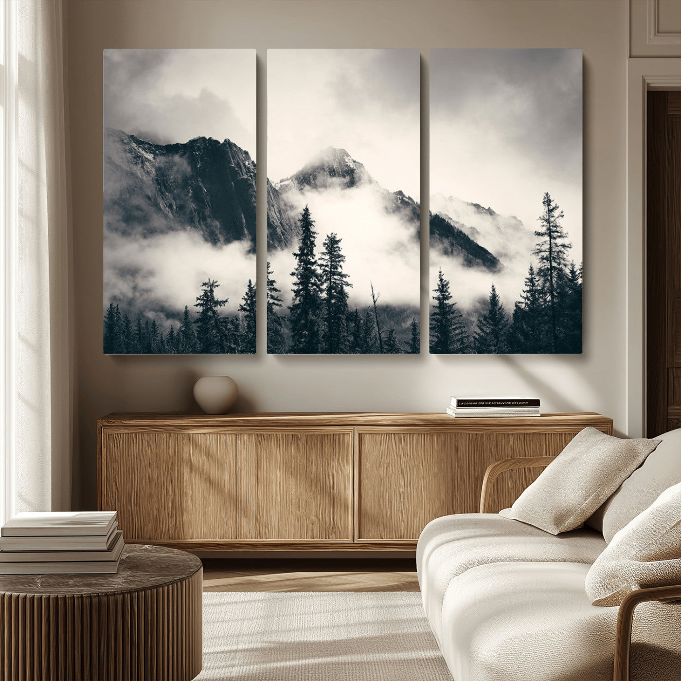 MGV-CV-48X32-3P - Large Foggy Mountain Forest Wall Art Canvas Print | Misty Mountain Peaks and Pine Trees Print | Framed Gallery Wrap | Rustic Nature Farmhouse Decor