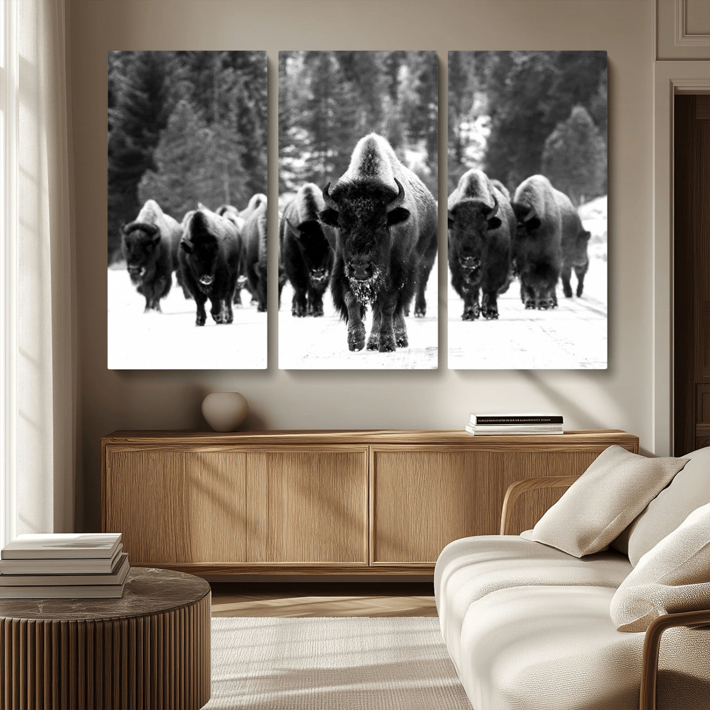 62434-MGV-CV-36X24-Bison Herd in Snow Wall Art Canvas Print | Rustic Western Bison Wall Art for Decor for Living Room,