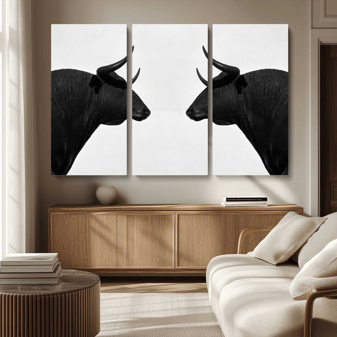 -Spanish Bull Art - Framed Black and White Bull Canvas Print for Modern Rustic Home or Office Decor