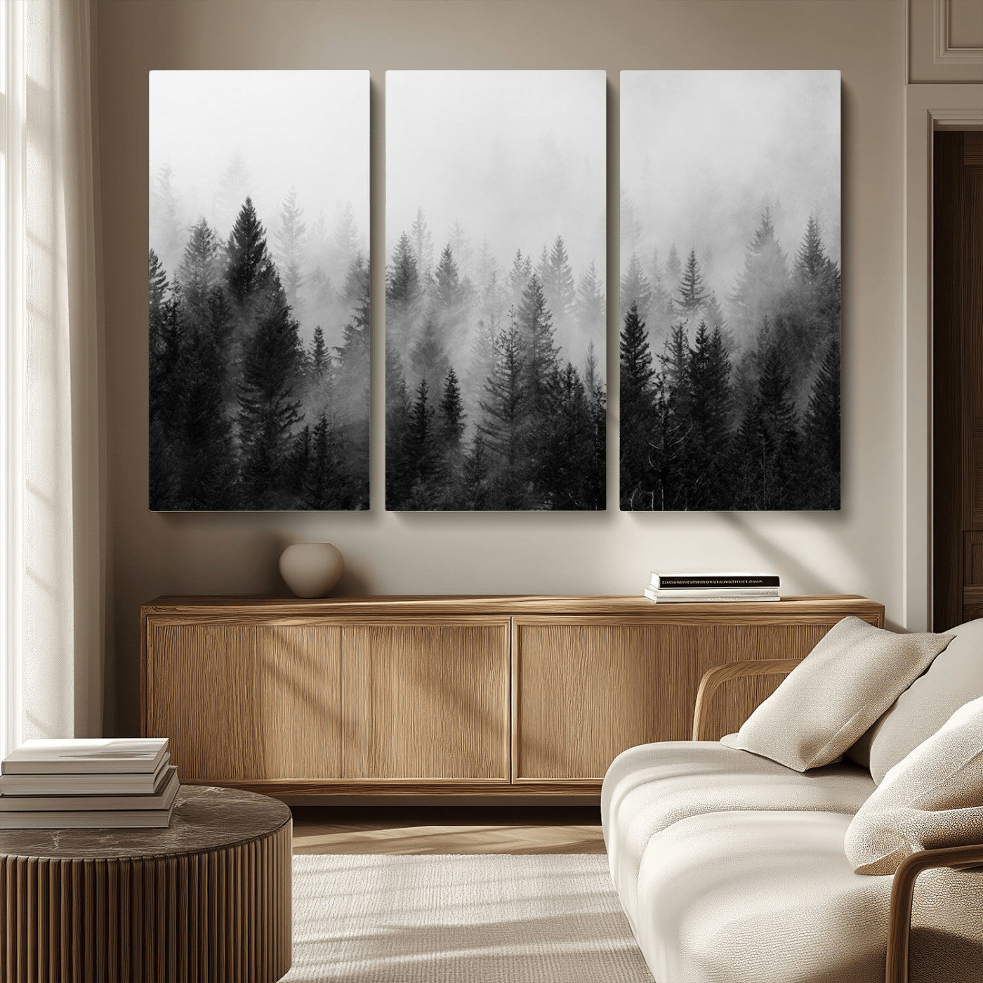 MGV-CV-48X32-3P - Foggy Black and White Forest Wall Art, 3 Panel Misty Pine Trees Canvas Print for Living Room, Office, or Bedroom, Nature-Inspired Woodland Wall Decor