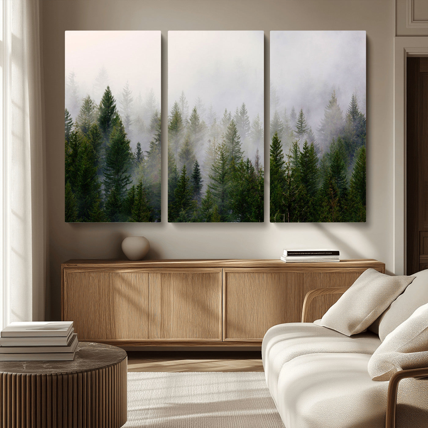 MGV-CV-48X32-3P - Misty Pine Forest Wall Art Canvas Print | 3 Panel Green Woodland Canvas Print for Living Room, Office, or Dining Room | Nature Foggy Forest Decor