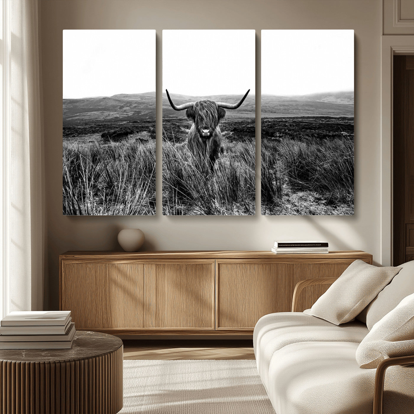 MGV-CV-48X32-3P - Black and White Highland Cow Canvas Wall Art, Longhorn Triptych Western Wall Decor for Cabin -