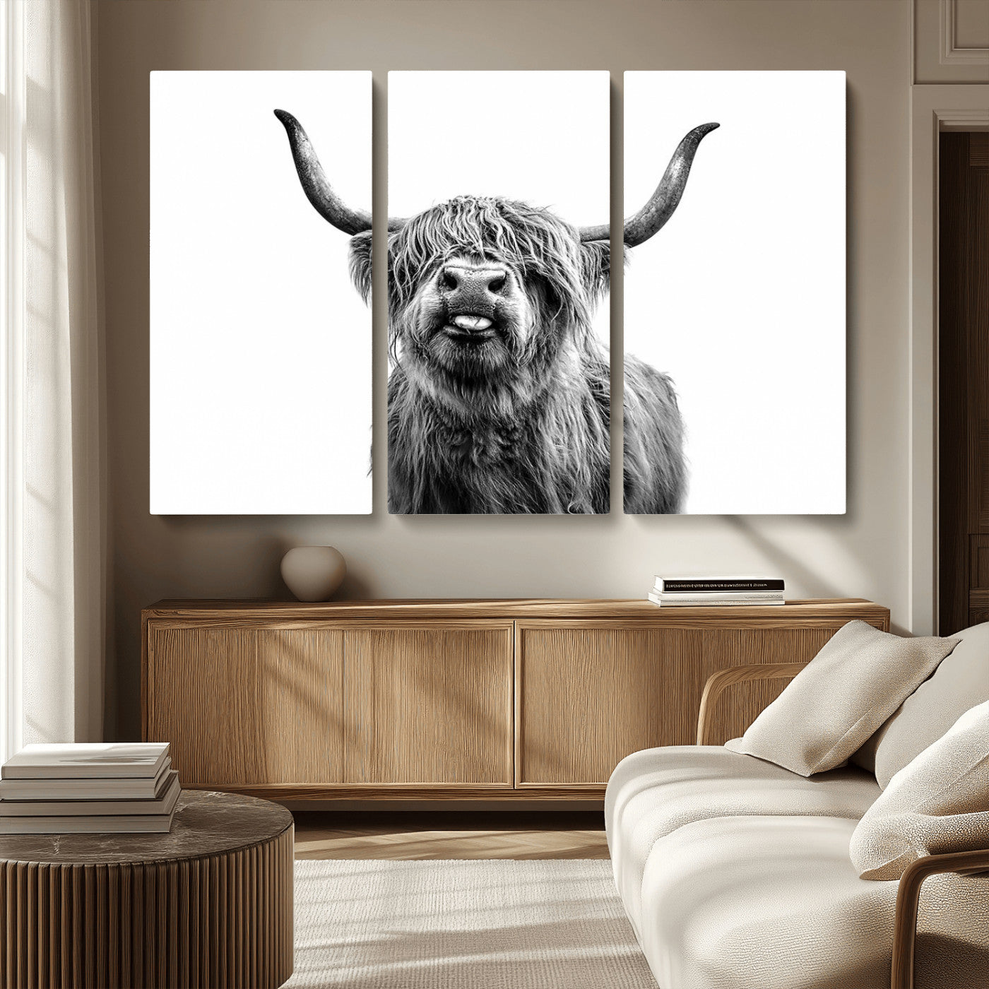 MGV-CV-48X32-3P - Fanny Scottish Highland Cow Cattle Art Print Farmhouse Wall Art Canvas Print