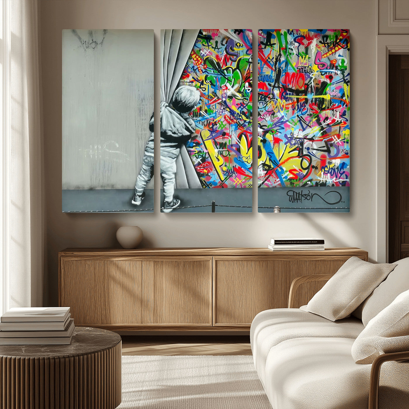 MGV-CV-48X32-3P - Banksy Colorful Street Graffiti Canvas Wall Art Print, Modern Art Triptych, Child and Graffiti Wall, Urban Art for Home or Office Decor