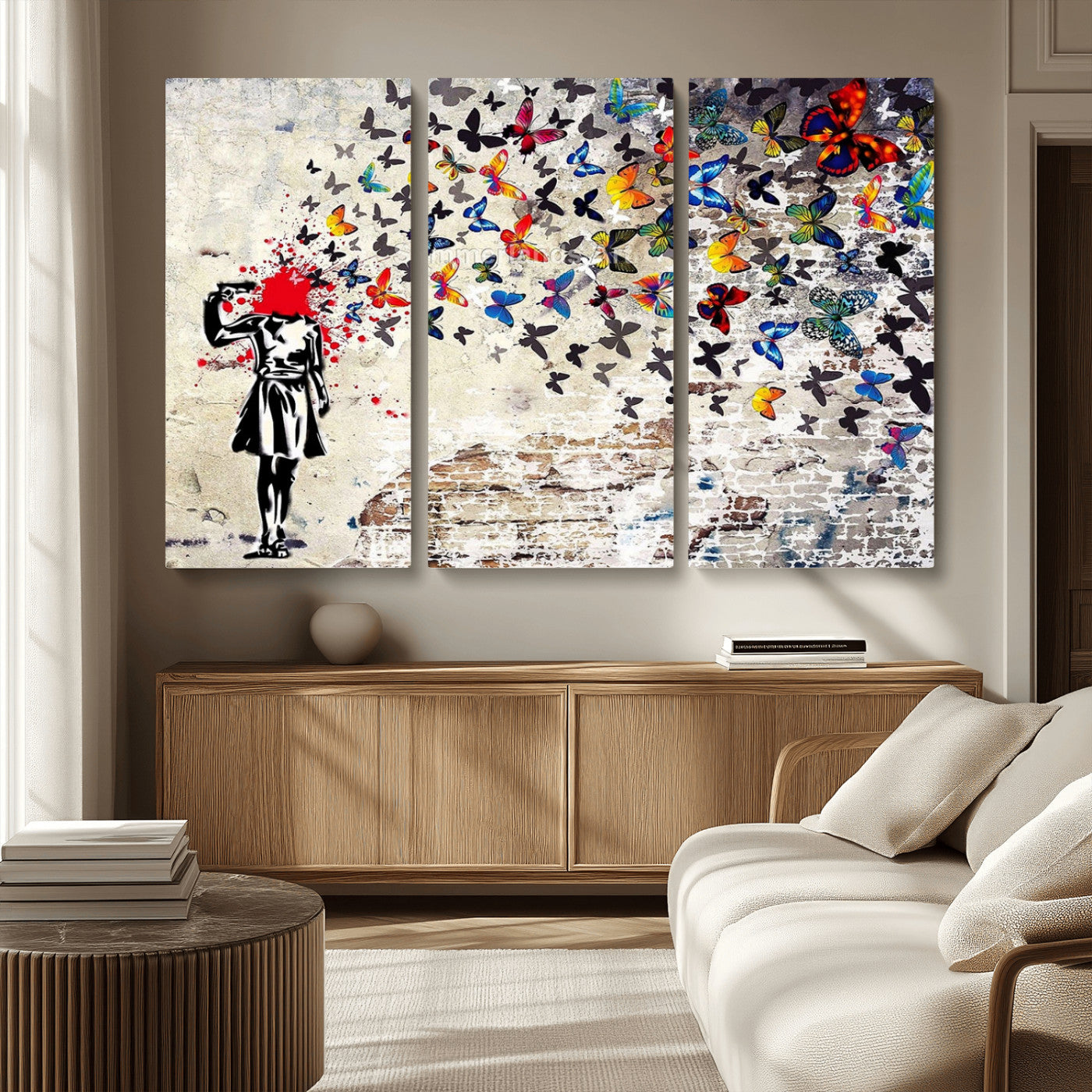 MGV-CV-48X32-3P - Banksy Art Butterfly Girl Explosion Canvas Art – Vibrant Urban Graffiti for Modern Interiors - Ready to Hang