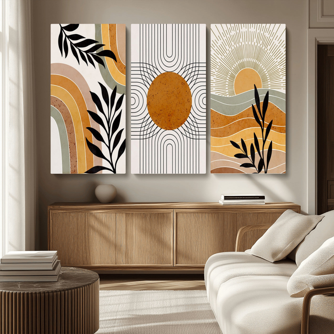 MGV-CV-48X32-3P - Modern Boho Sun and Leaf Abstract Art – 3-Panel Giclée Canvas for Mid-Century Modern or Bohemian
