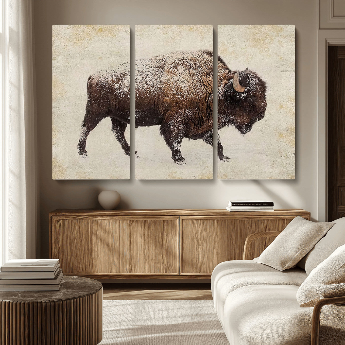 MGV-CV-48X32-3P - Buffalo Wall Art, Western Bison Canvas Print, Rustic Buffalo Art for Cowboy Western Decor, Large Multi-Panel Giclee Canvas for Farmhouse Wall Decor