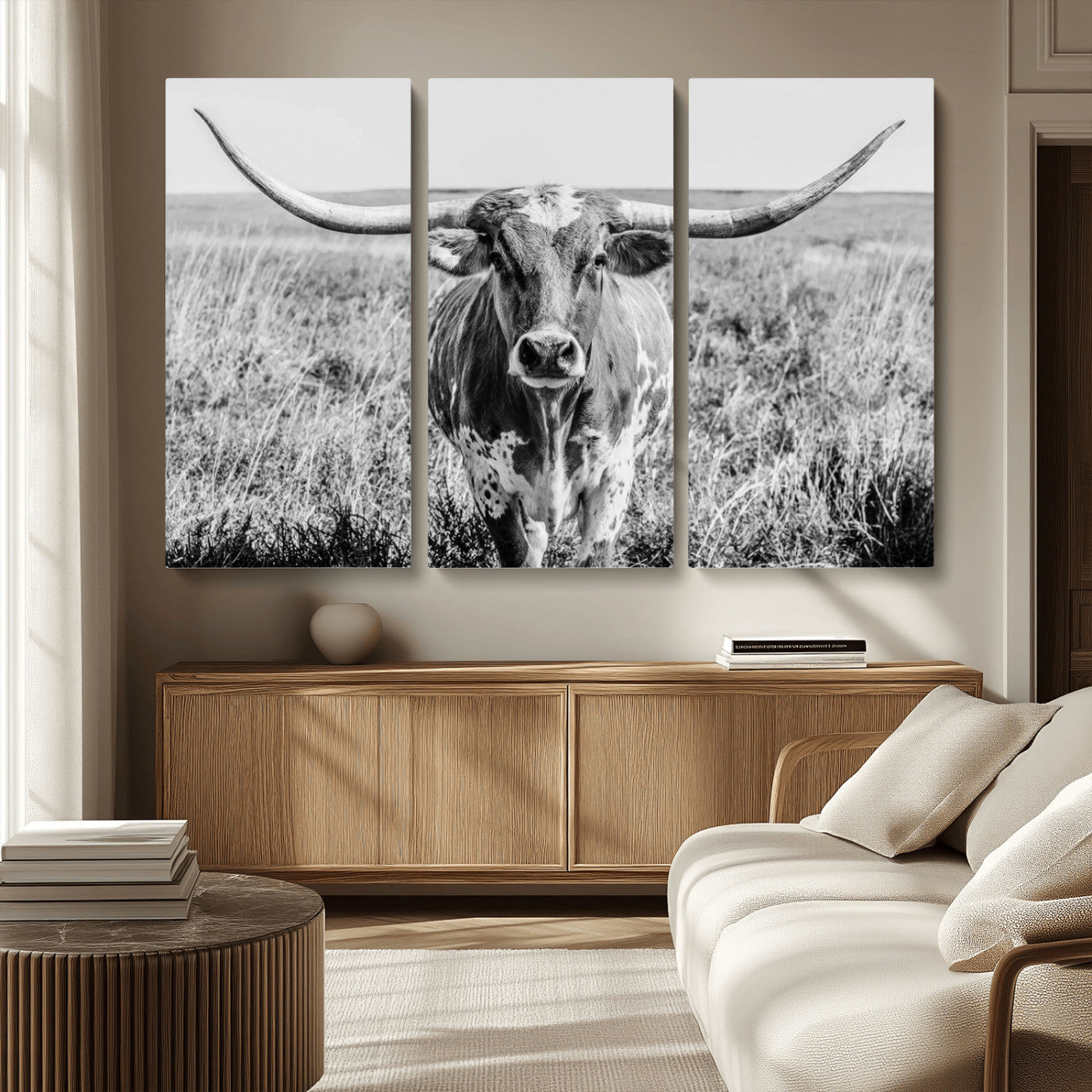 MGV-CV-48X32-3P - Texas Cow Longhorn Wall Art Canvas Print for Farm House Wall Decor, Farmhouse Wall Art Print