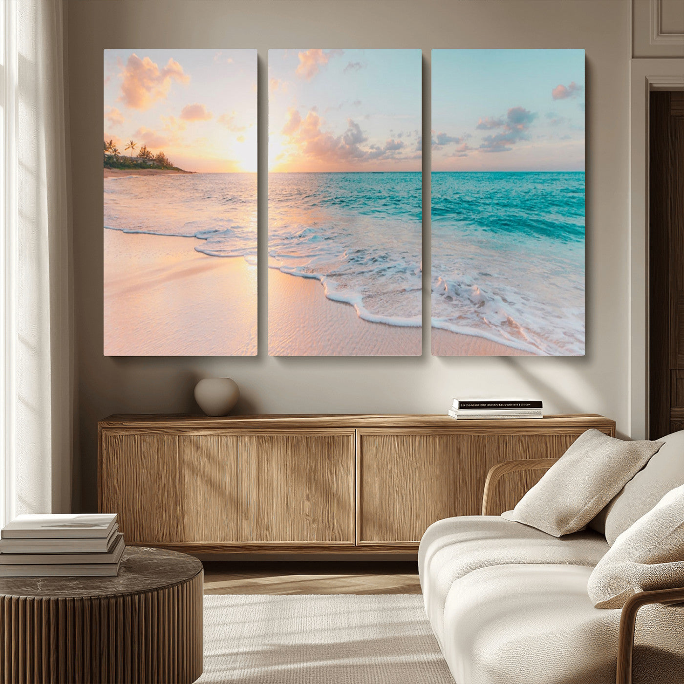 MGV-CV-48X32-3P - Beach Sunrise Wall Art, Coastal Seascape Canvas Print, Ocean Wave Multi-Panel Giclee, Coastal Sunset Beach Scene for Modern Decor