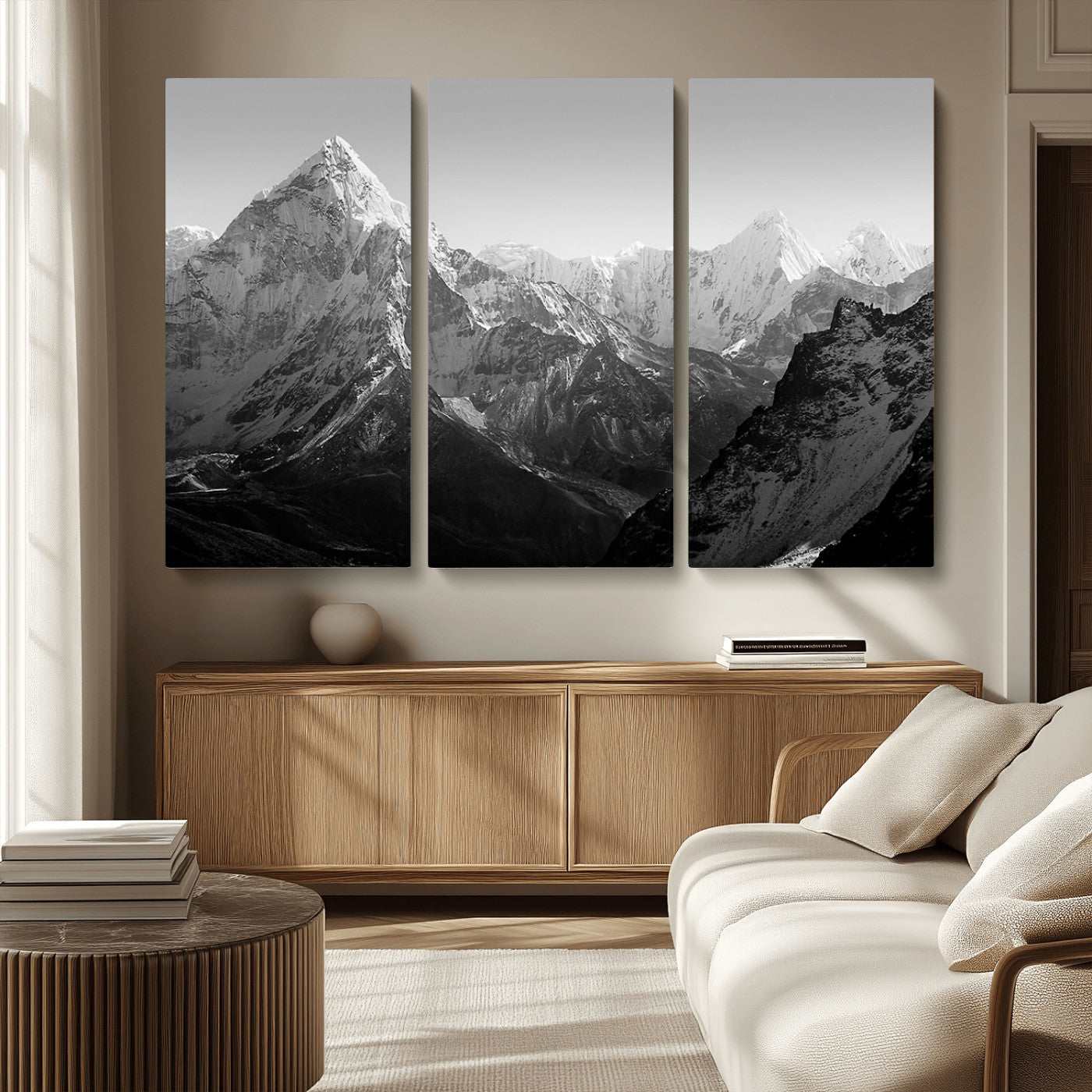 MGV-CV-48X32-3P - Everest Himalaya Mountain Peaks Black & White Triptych Canvas Art – Mountain Wall Decor for Minimalist Interiors