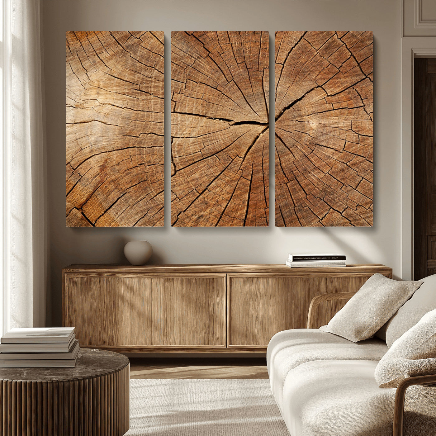 MGV-CV-48X32-3P - Tree Ring Canvas Art, Rustic Wood Grain Wall Art, Tree Slice Decor for Modern Homes, Giclee Multi-Panel Print, Tree Ring Wall Art Set