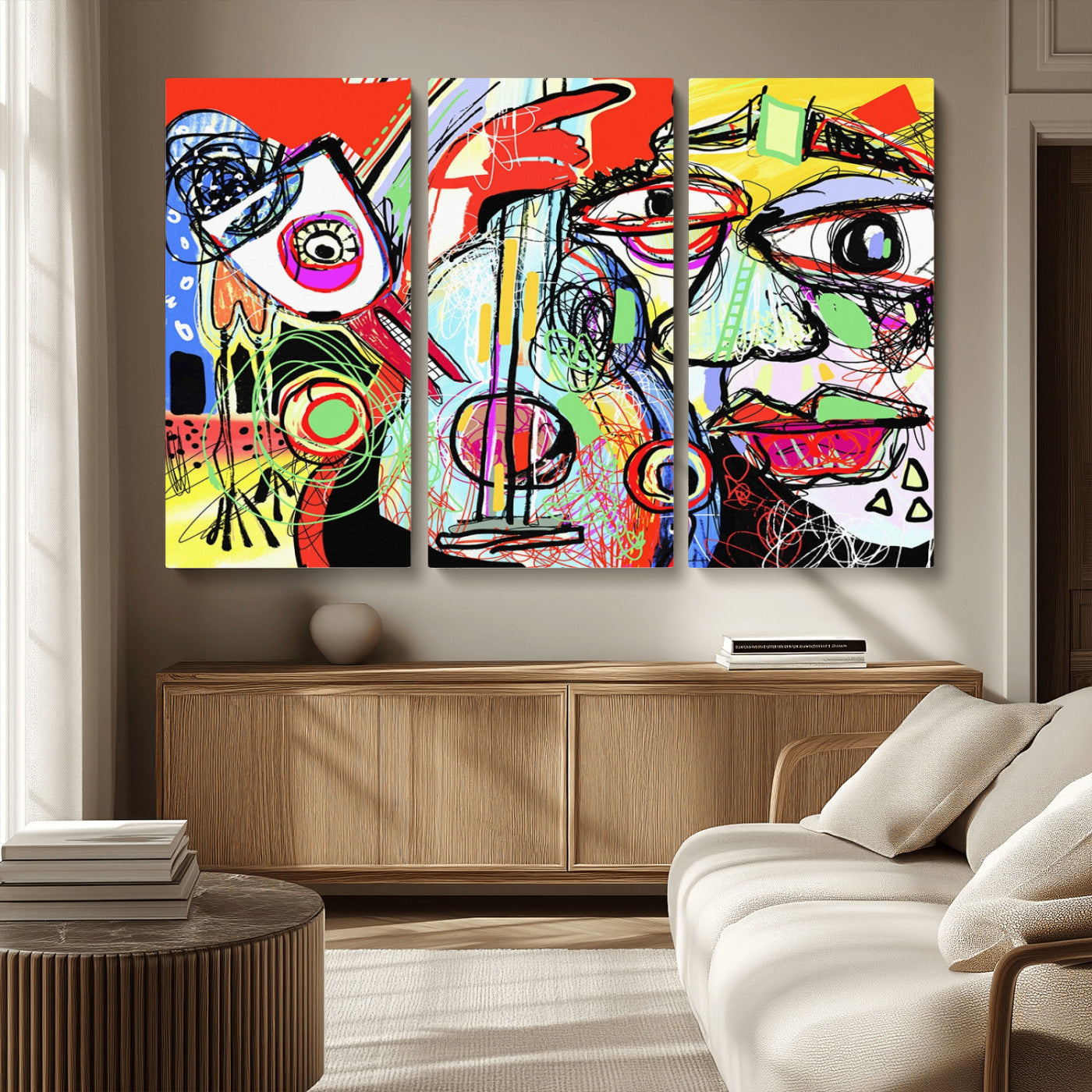 MGV-CV-48X32-3P - Picasso Style Art Abstract Canvas Wall Art Print , Colorful Abstract Artwork