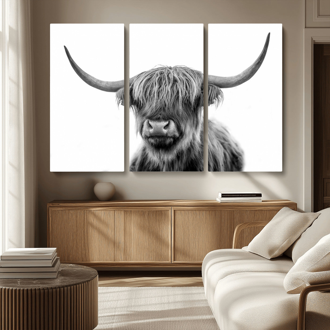 MGV-CV-48X32-3P - Grayscale Scottish Highland Cow Cattle Art Print Farmhouse Wall Art Canvas Print