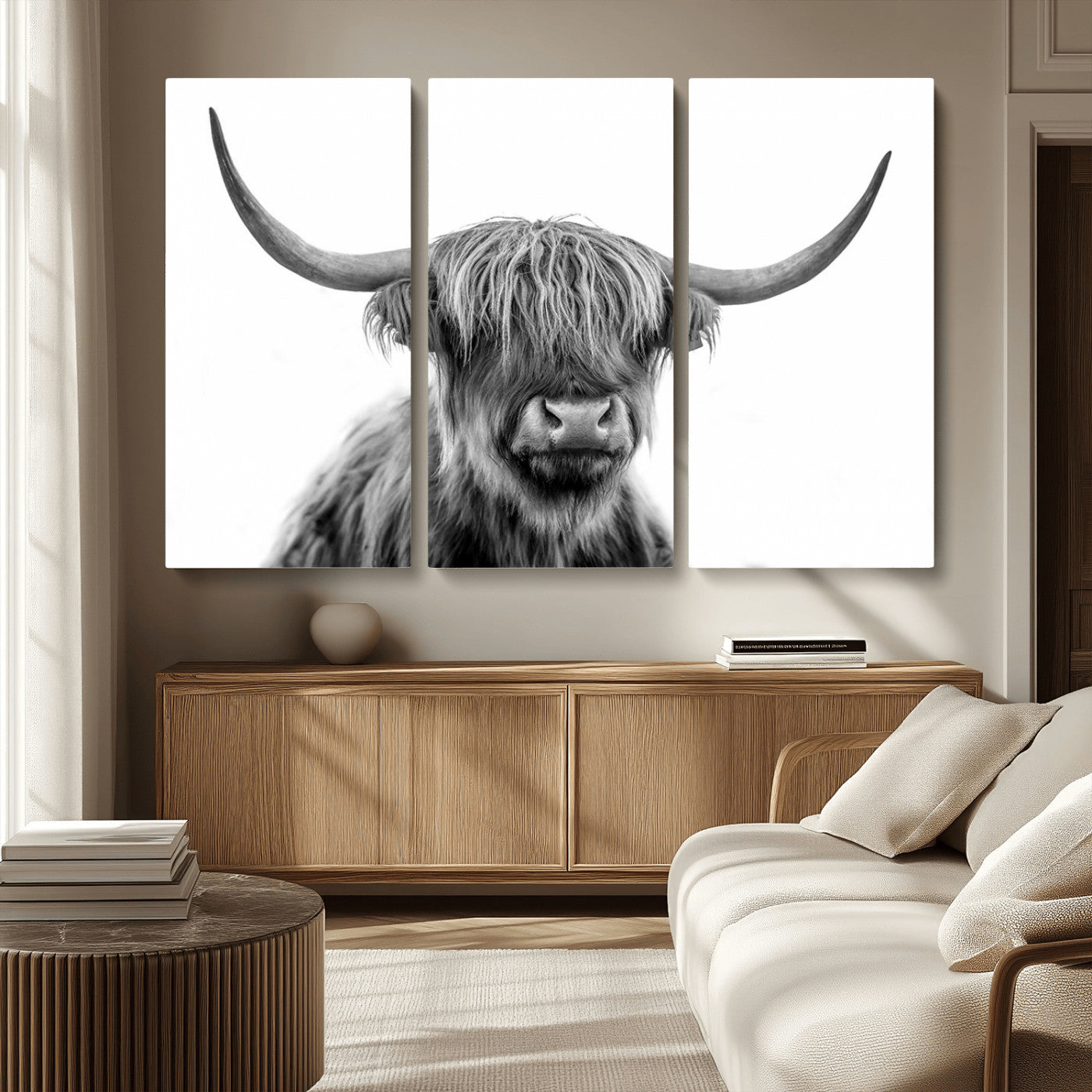 MGV-CV-48X32-3P - Scottish Highland Cow Cattle Art Print Wall Art Canvas Print for Farmhouse Decor, Framed Scottish