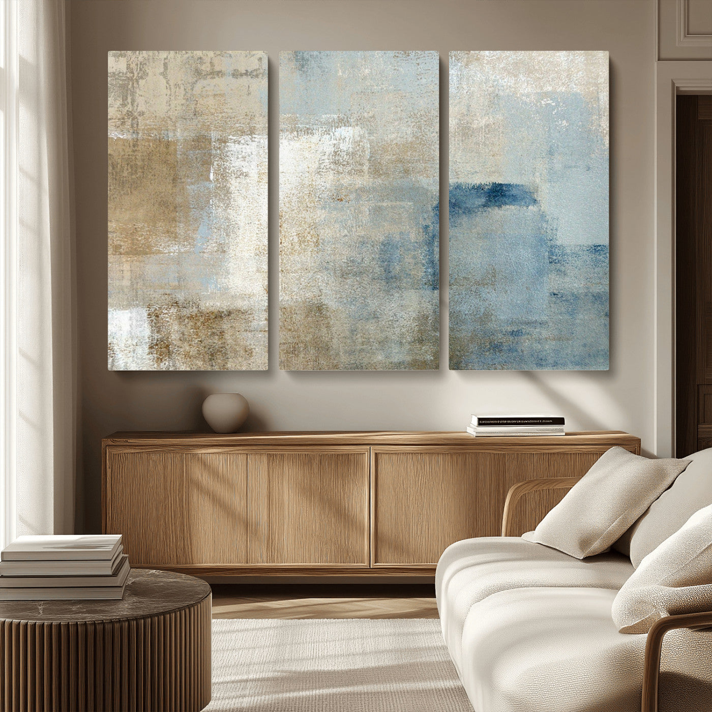 MGV-CV-48X32-3P - Abstract Blue and Beige Wall Art, Modern Minimalist Canvas Print Set, Giclee Textured Art, Large Multi-Panel Artwork for Living Room