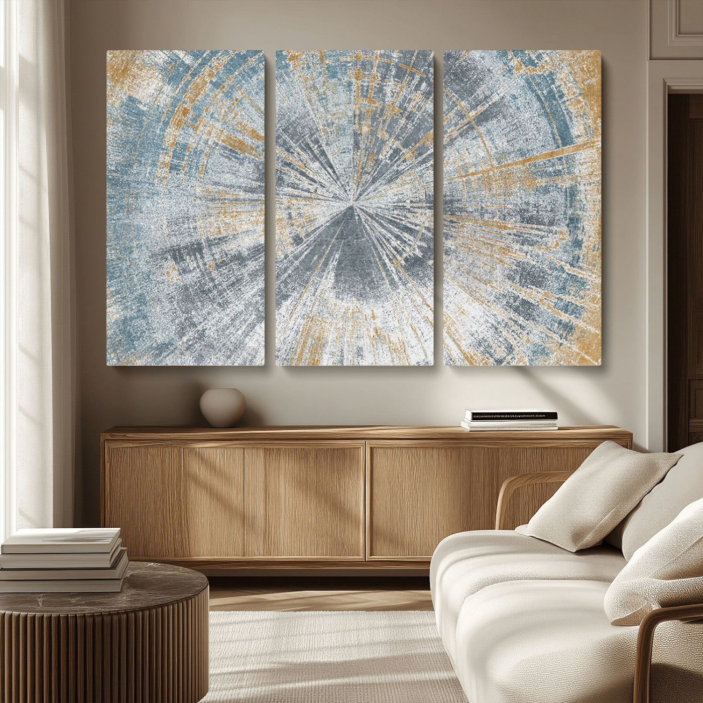 MGV-CV-48X32-3P - Radiant Abstract Wood Rings Canvas Art – Modern Triptych Wall Decor for Living Room or Farmhouse Decor