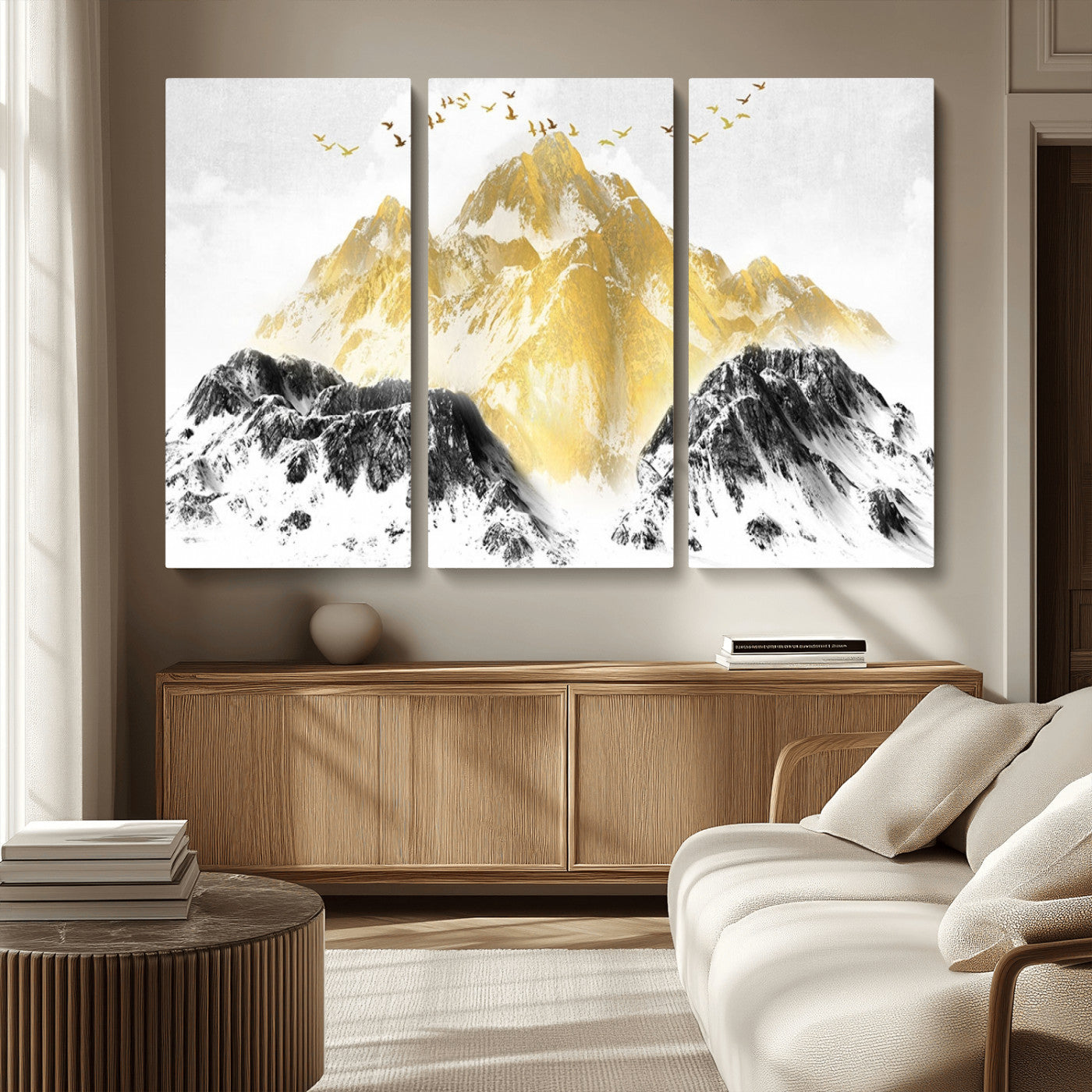 MGV-CV-48X32-3P - Golden Mountain Triptych Wall Art, Modern Giclee Canvas Print, Nature Landscape Decor for Living Room, Contemporary Gold and Black Wall Art